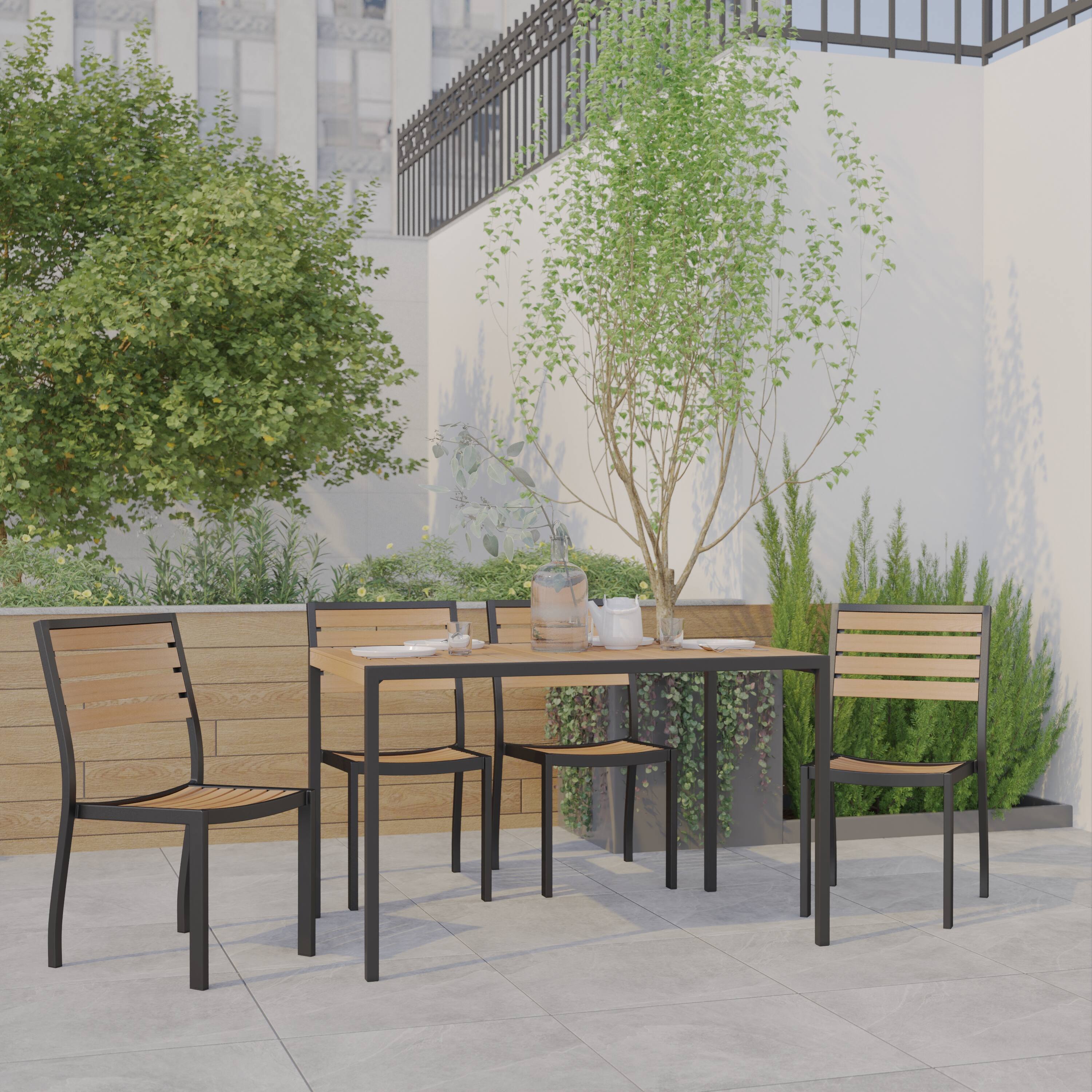 Alt View 1. Emma + Oliver - 5 Piece Outdoor Patio Dining Table Set with Faux Teak Table and Stackable Chairs with Accented Arms - Teak.
