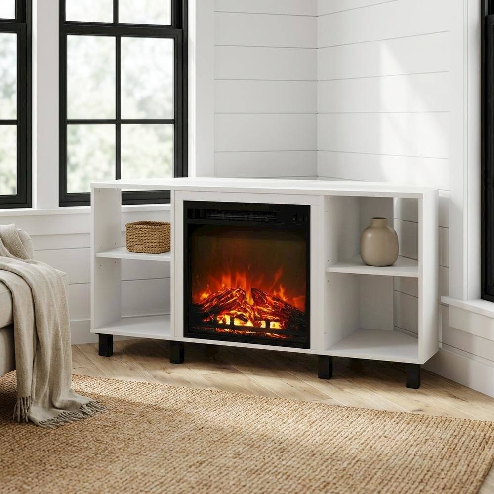 Alt View 1. FurniFact - White Corner Fireplace TV Stand with 4 Open Storage Compartments in Wood Finish - White.