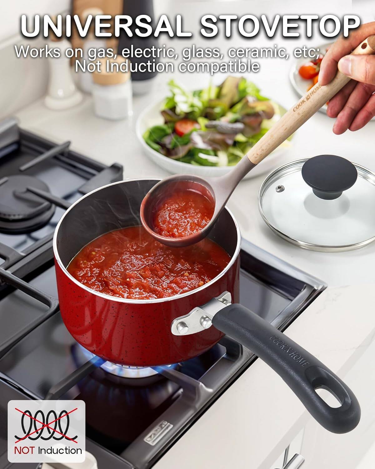 UNIVERSAL STOVETOP  
Works on gas, electric, glass, ceramic, etc; Not Induction compatible