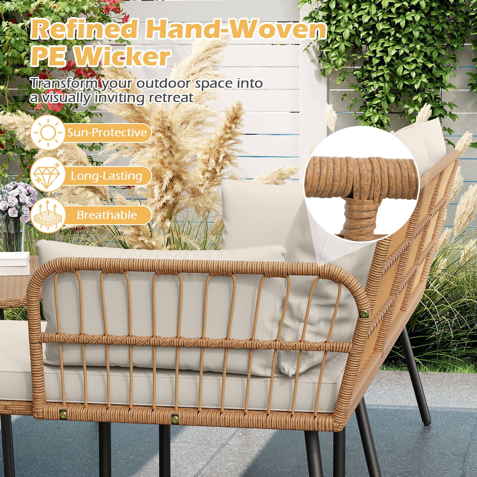 Refined Hand-Woven PE Wicker

Transform your outdoor space into a visually inviting retreat

- Sun-Protective
- Long-Lasting
- Breathable