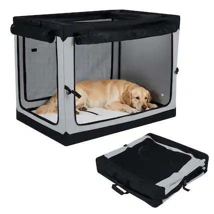 Front. Costway - Costway 42" x 28" x 32" Portable Collapsible Soft Dog Crate with 4 Mesh Doors Removable Mat Storage Pocket.