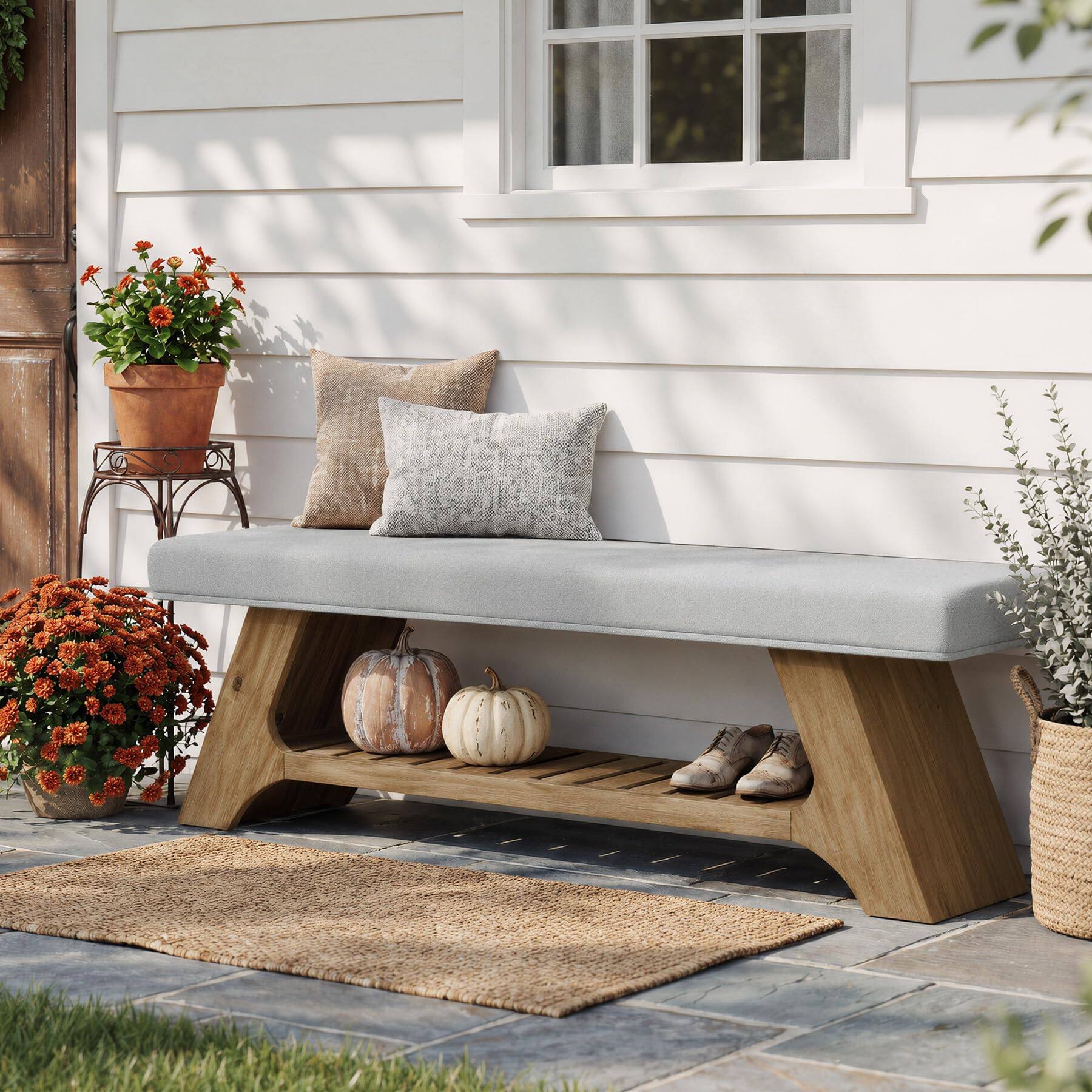 Left. Tribesigns - 55" Solid Wood Bench with Cushion, Upholstered Entryway Bench - Wood and Gray.