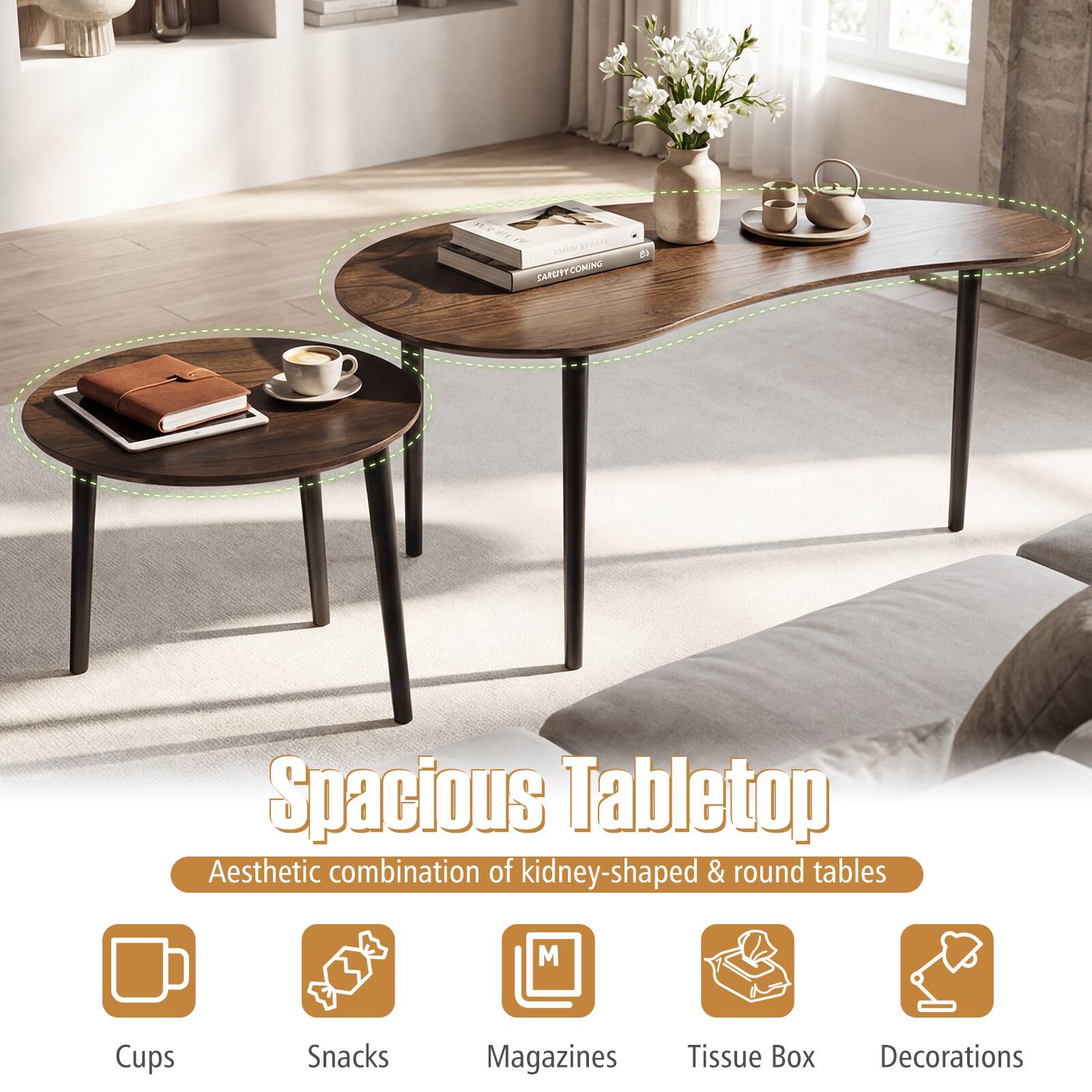 F800 stocha ANAESTOASE A CAROFFCOMING 51 Spacious Tabletop Aesthetic combination of kidney-shaped & round tables M Cups Snacks Magazines Tissue Box Decorations