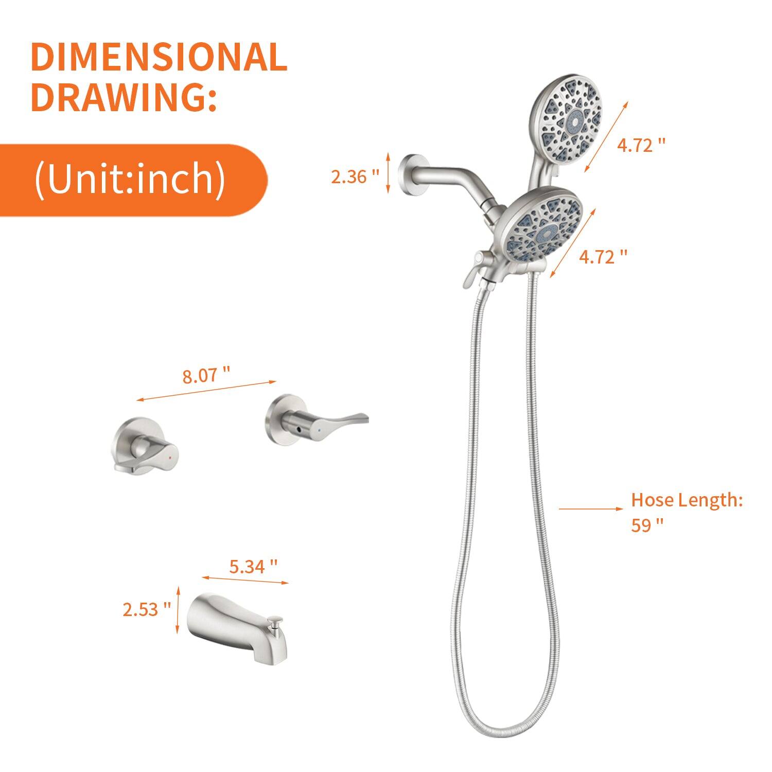 DIMENSIONAL DRAWING:  
(Unit: inch)  

- 2.36"  
- 4.72"  
- 4.72"  
- 8.07"  
- 5.34"  
- 2.53"  
- Hose Length: 59"