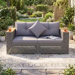 Mondawe - 2-Piece Patio Corner Sofa Set with Acacia Armrests and Cup Holders - 2 Pieces - Gray+Gray