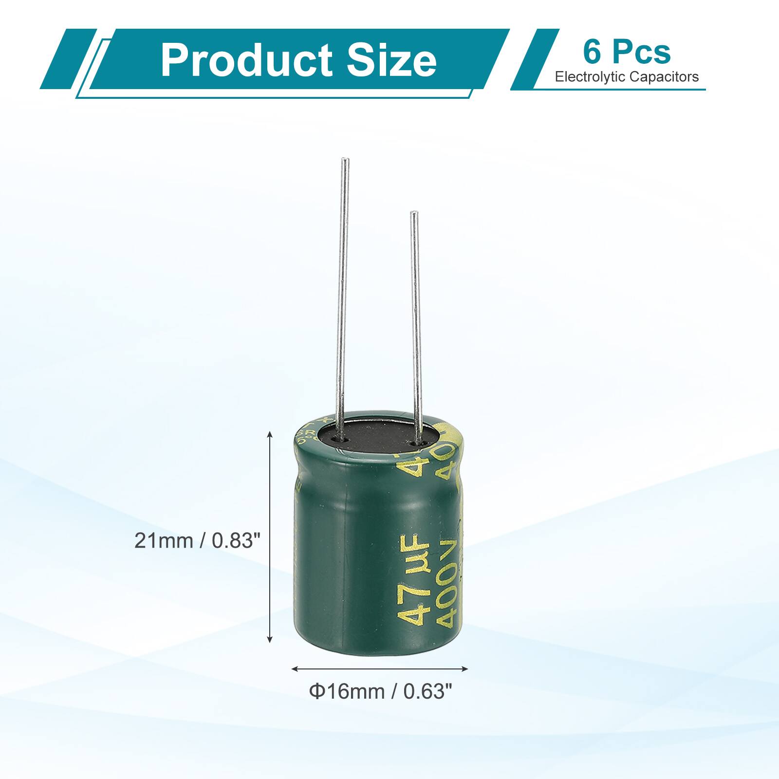 Product Size: 6 Pcs Electrolytic Capacitors

- 21mm / 0.83" (Height)
- 16mm / 0.63" (Diameter)

47 µF 400V