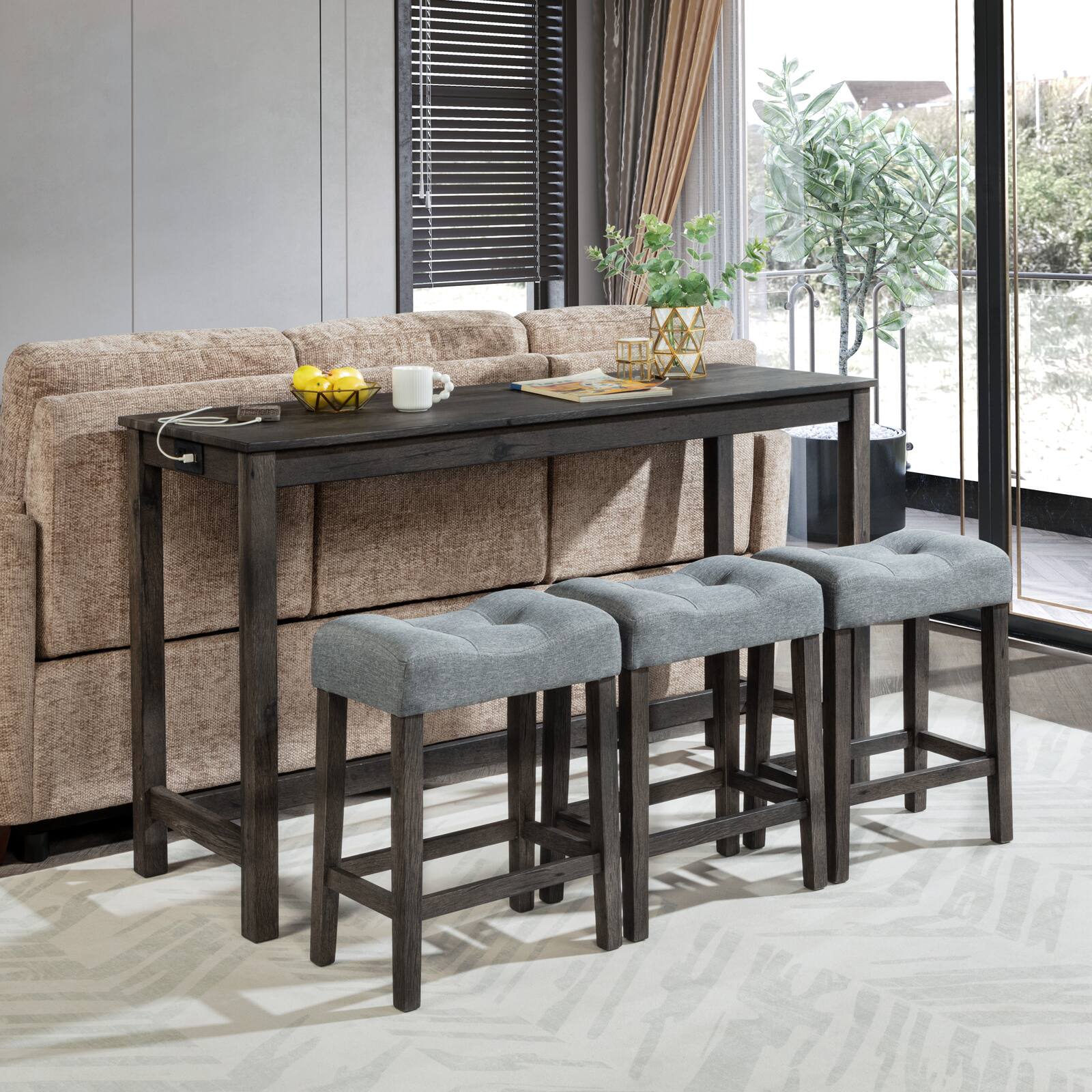Angle. APRILSOUL - 4Piece Bar Table Set with Power Outlet Chairs Sofa Bar Table with Stools Behind Couch Table with 3Padded Stools DarkGray - Dark Gray.