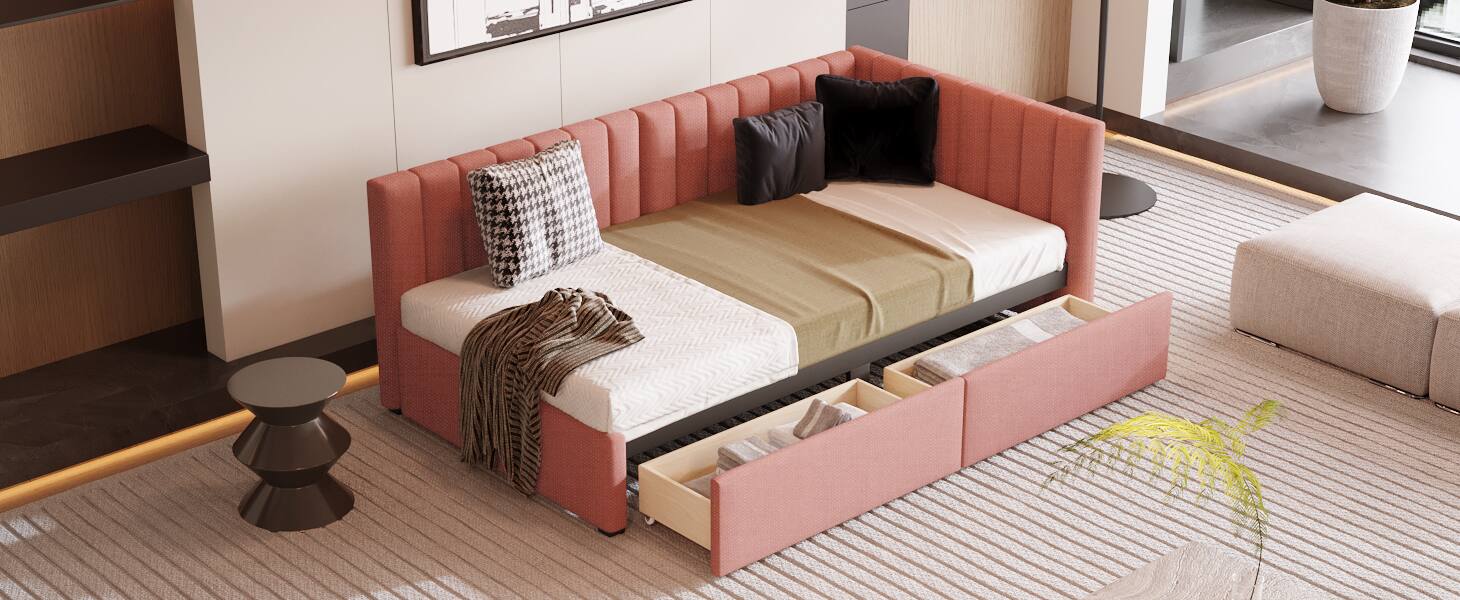Alt View 8. Tiramisubest - Upholstered Daybed with 2 Storage Drawers Twin Size Sofa Bed Frame No Box Spring Needed, Linen Fabric (Pink) - Pink.