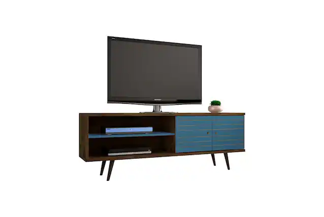 Front. Manhattan Comfort - Liberty Mid-Century Modern 63" TV Stand in Rustic Brown and Blue Slate - Rustic Brown and Blue Slate.