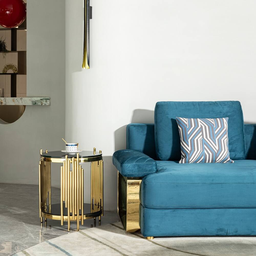 Back. Loheer - Loheer Round End Table Black Glass Side Table Gold Metal Frame - Black.