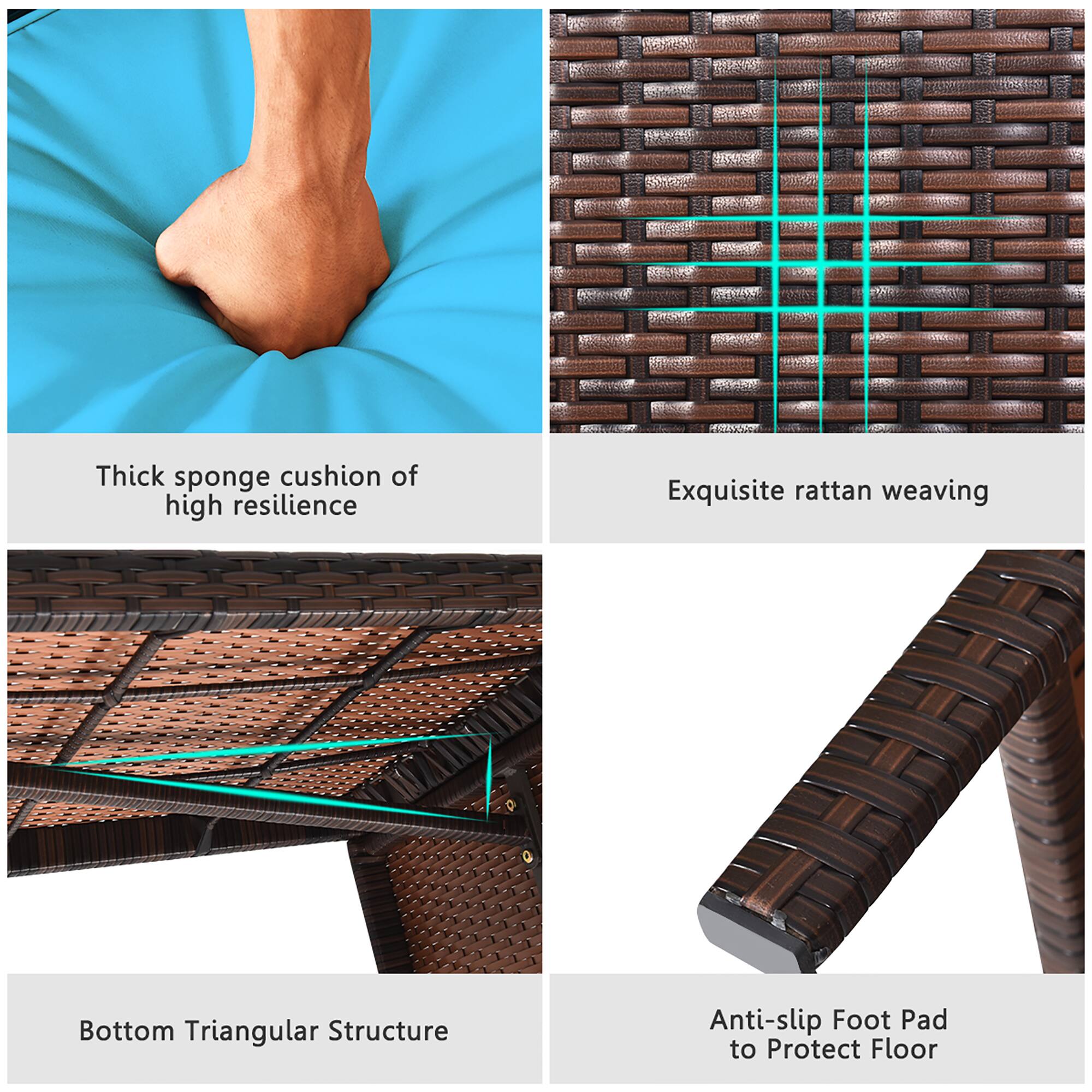 Thick sponge cushion of high resilience, Exquisite rattan weaving, Bottom Triangular Structure, Anti-slip Foot Pad to Protect Floor