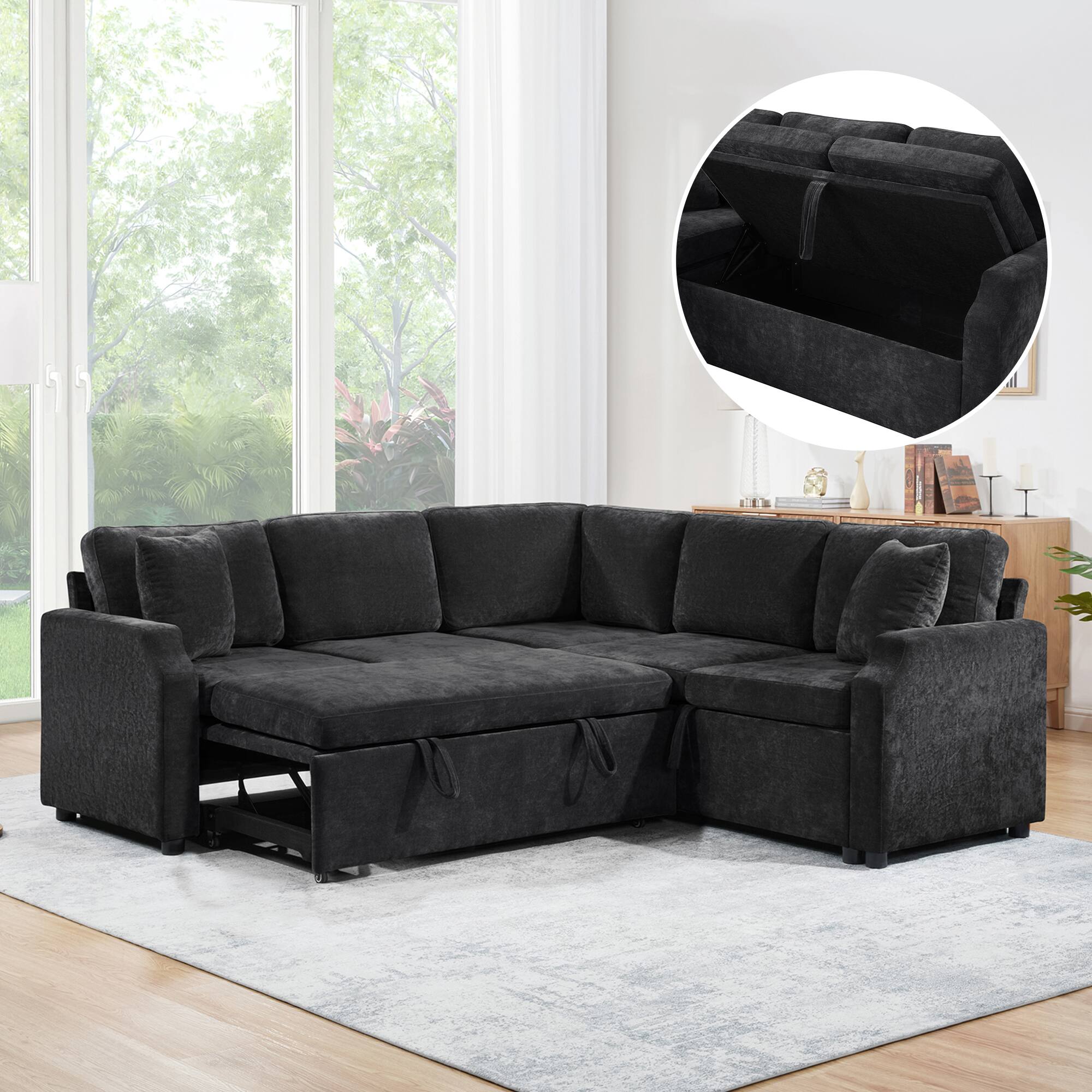 Alt View 4. Whisen - Upholstered L-Shaped Sectional Sofa Bed with Pull-Out Sleeper & Storage for Living Room - Black.