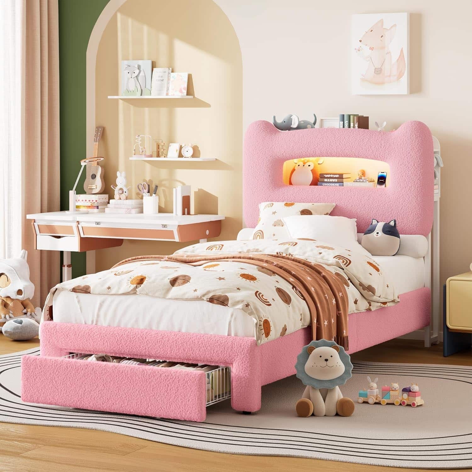 GARVEE - Upholstered Twin Bed Frame with Storage Headboard, Platform Bed with Drawer for Kids, No Box Spring - Pink