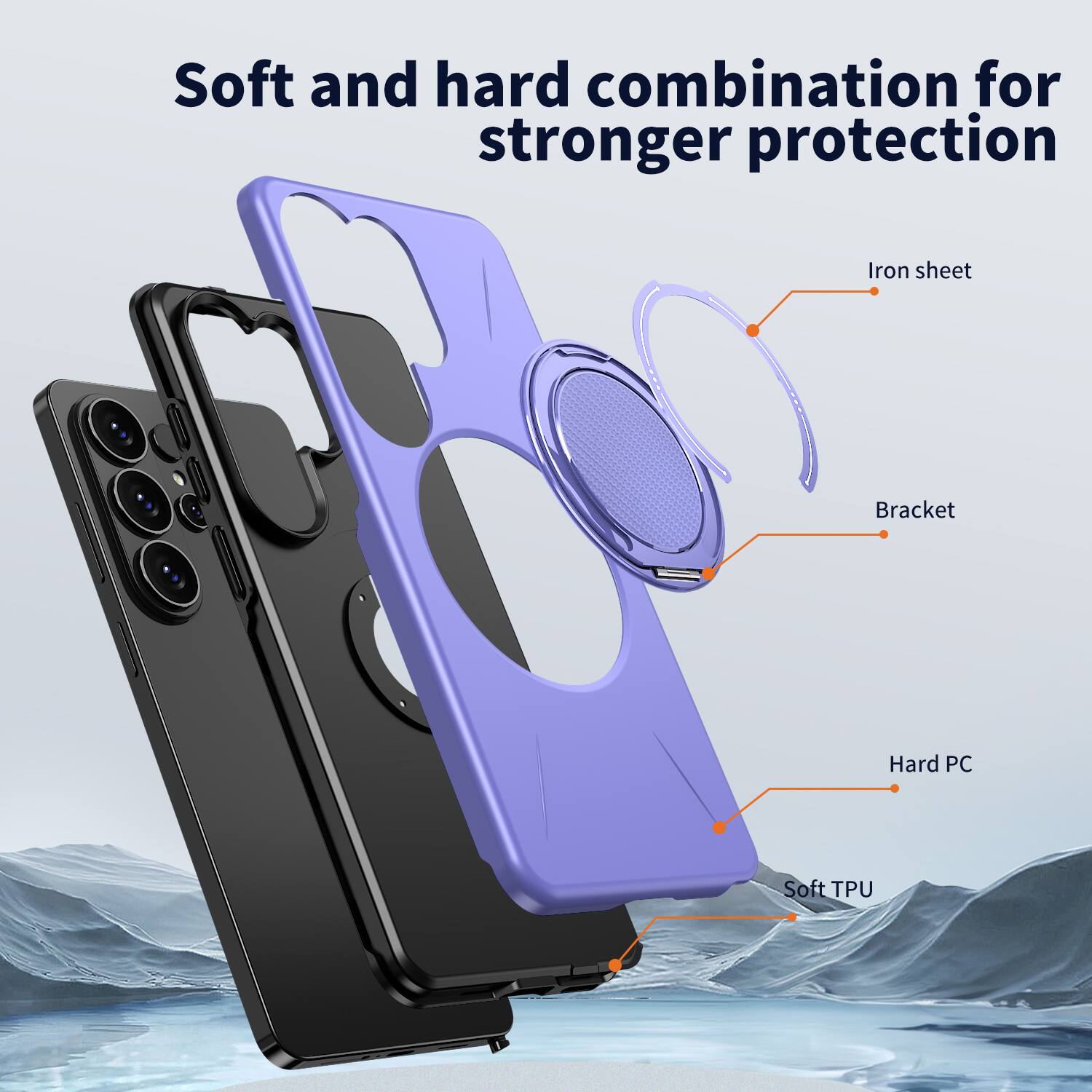 Soft and hard combination for stronger protection

Iron sheet
Bracket
Hard PC
Soft TPU
