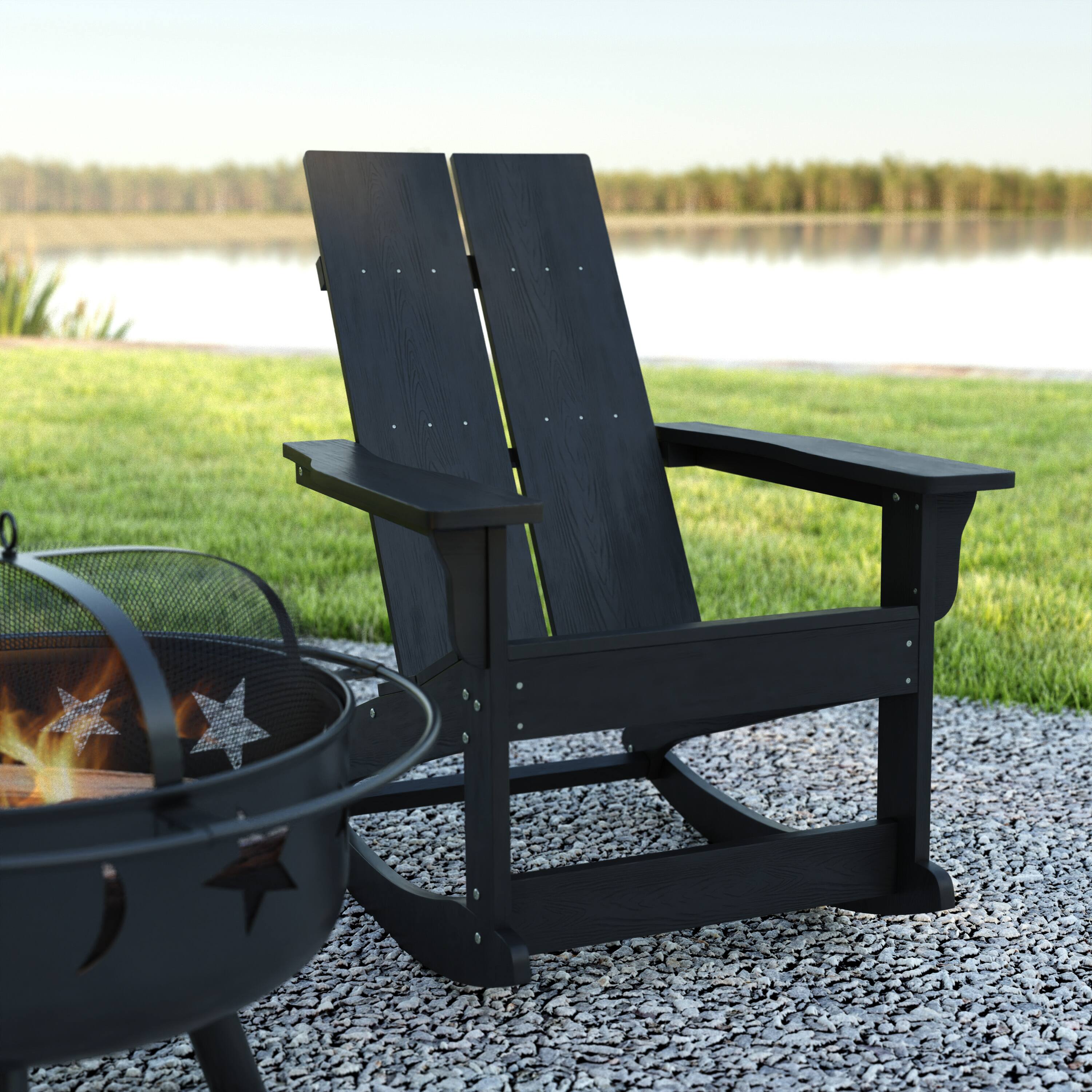 Alt View 4. Emma + Oliver - Modern All-Weather Poly Resin Adirondack Rocking Chair for Indoor/Outdoor Use - Black.