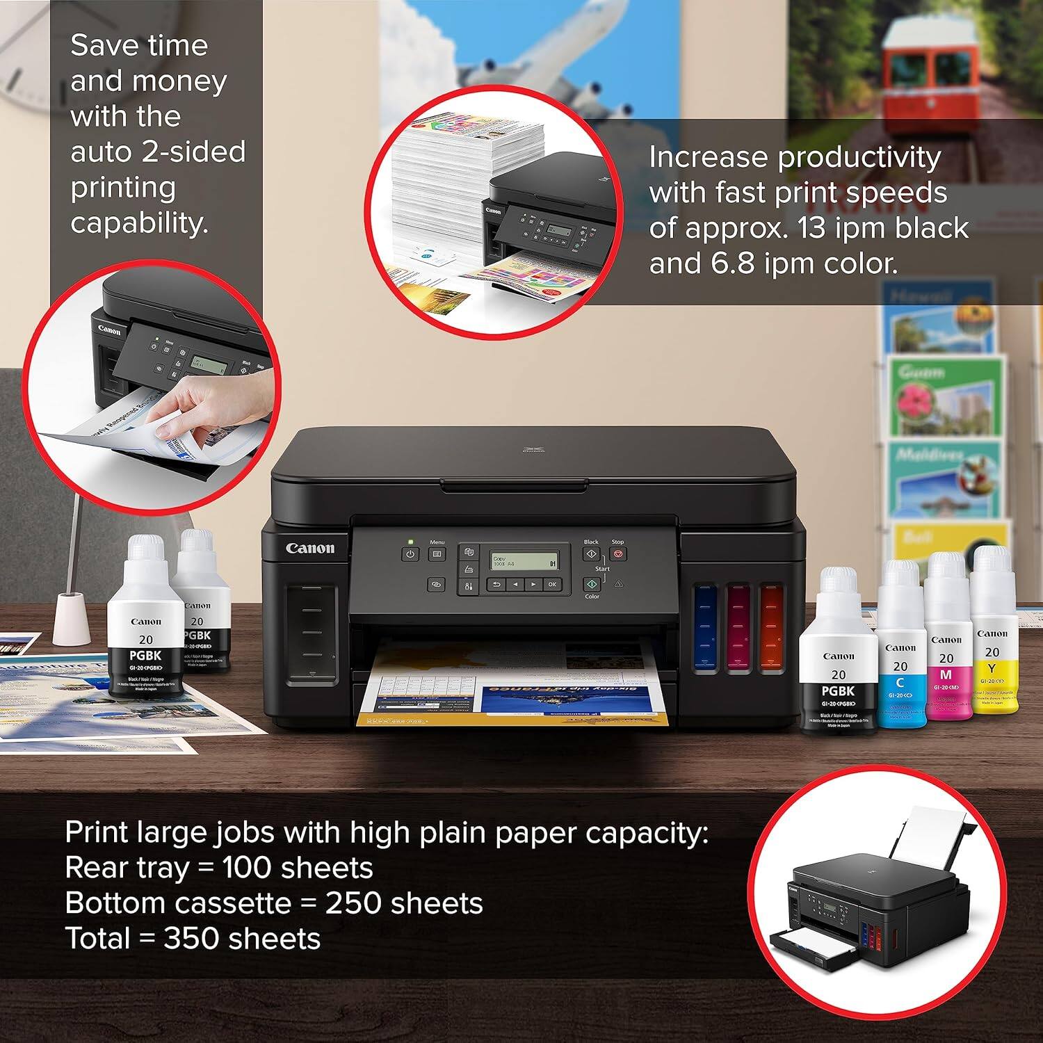 Save time and money with the auto 2-sided printing capability. Increase productivity with fast print speeds of approx. 13 ipm black and 6.8 ipm color. Print large jobs with high plain paper capacity: Rear tray = 100 sheets Bottom cassette = 250 sheets Total = 350 sheets