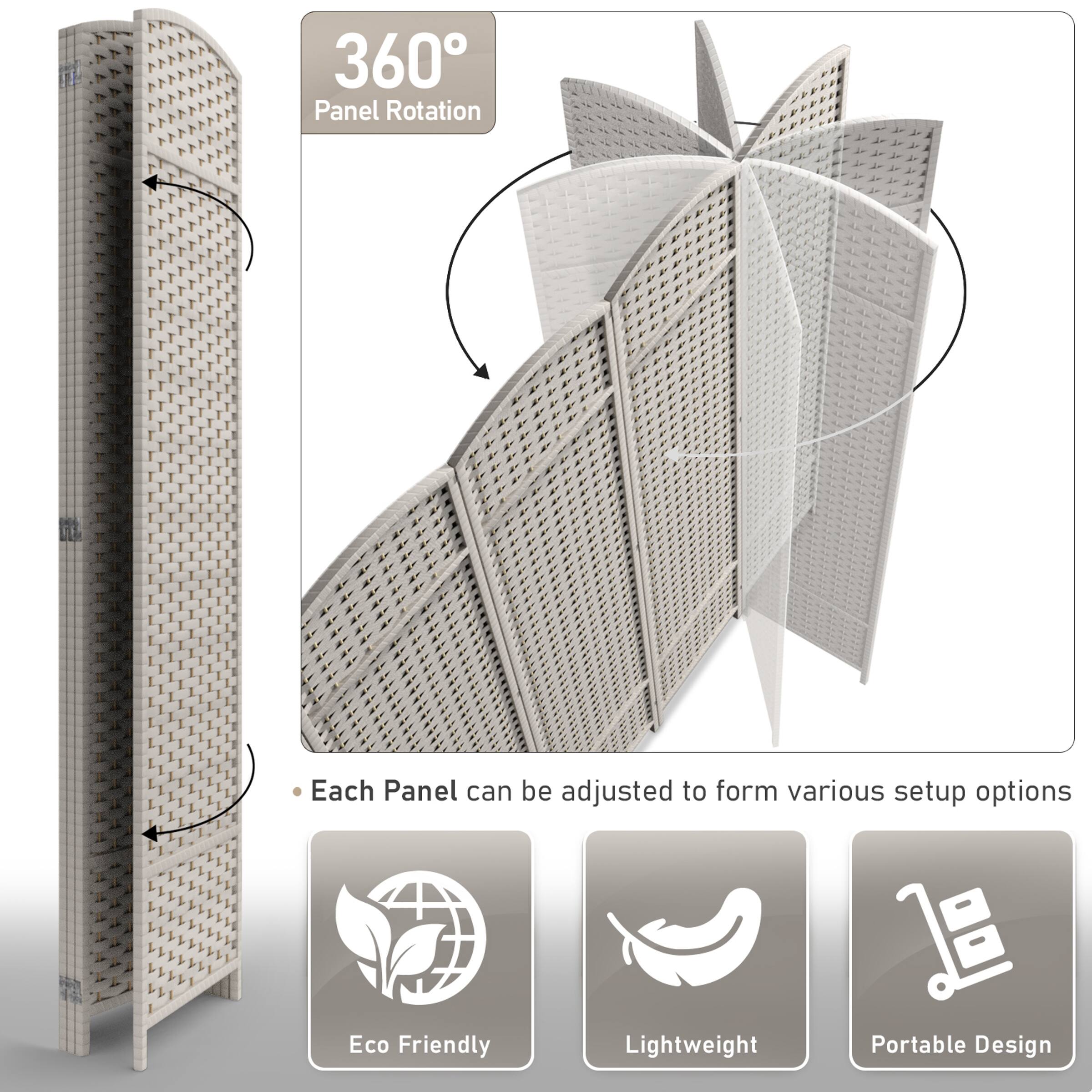 360° Panel Rotation  
Each Panel can be adjusted to form various setup options  

Eco Friendly  
Lightweight  
Portable Design