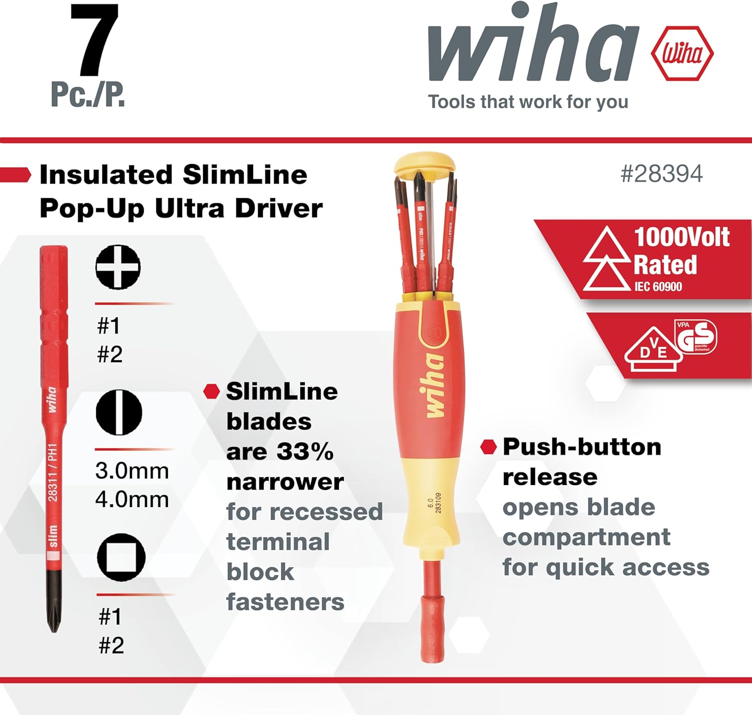 7 Pc./P. wiha Wiha Tools that work for you Insulated SlimLine #28394 Pop-Up Ultra Driver 1000Volt + Rated IEC 60900 #1 VIPA V GS #2 D E wiha SlimLine wiha blades are 33% Push-button /PH1 3.0mm release 28311 narrower 4.0mm 60 283109 blade for recessed opens slim terminal compartment block for quick access fasteners #1 #2