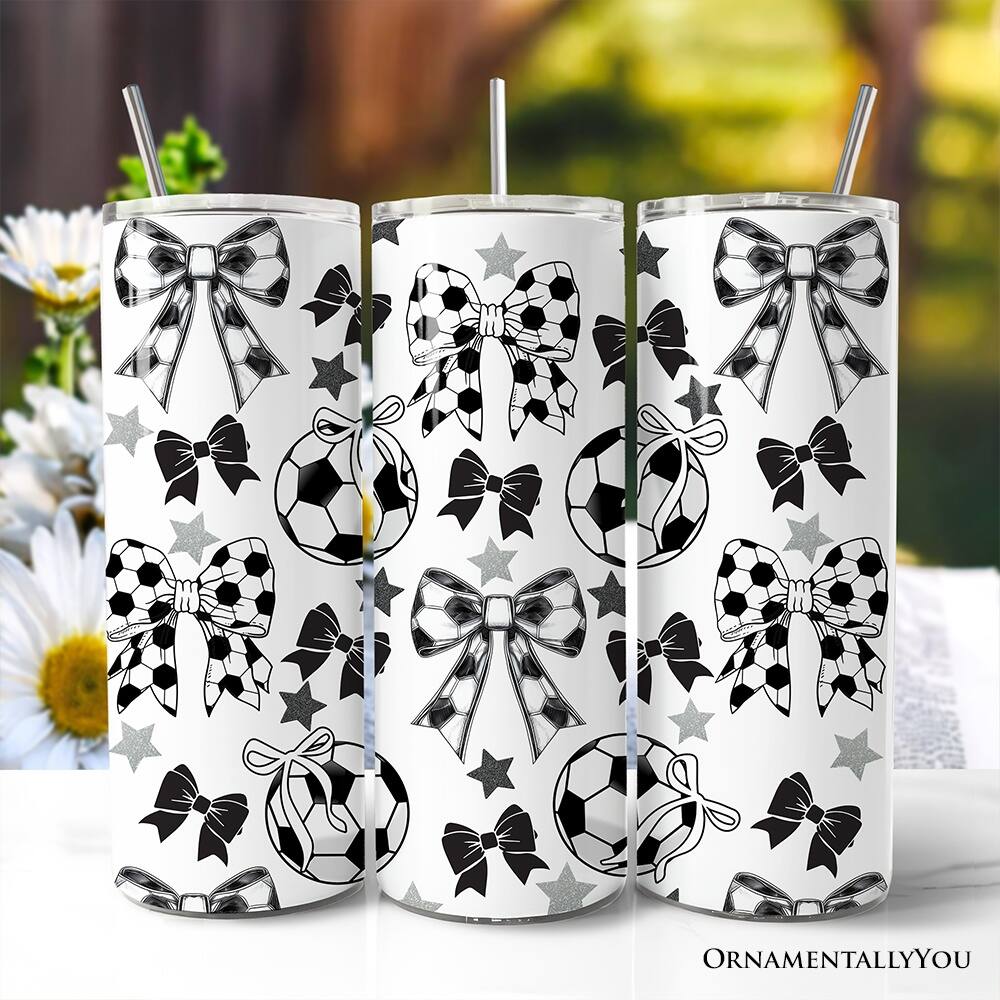 Left. OrnamentallyYou - Coquette Black and White Soccer Bow 20oz Tumbler With Lid and Stainless Steel Straw - Multicolored.