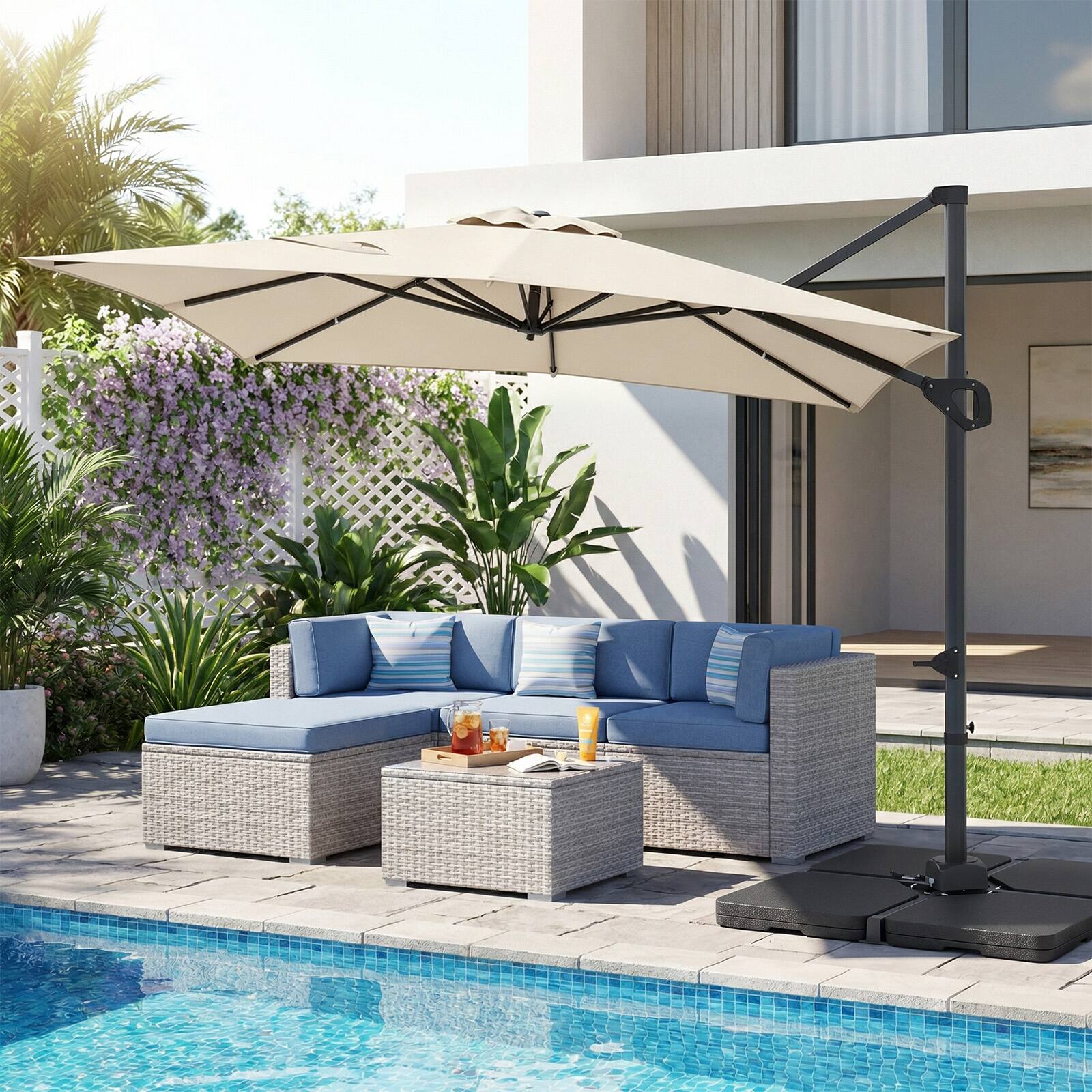 Alt View 4. Costway - Costway Cantilever Umbrella with 220 LBS Base, Offset Hanging Umbrella with 360° Rotation - Beige.