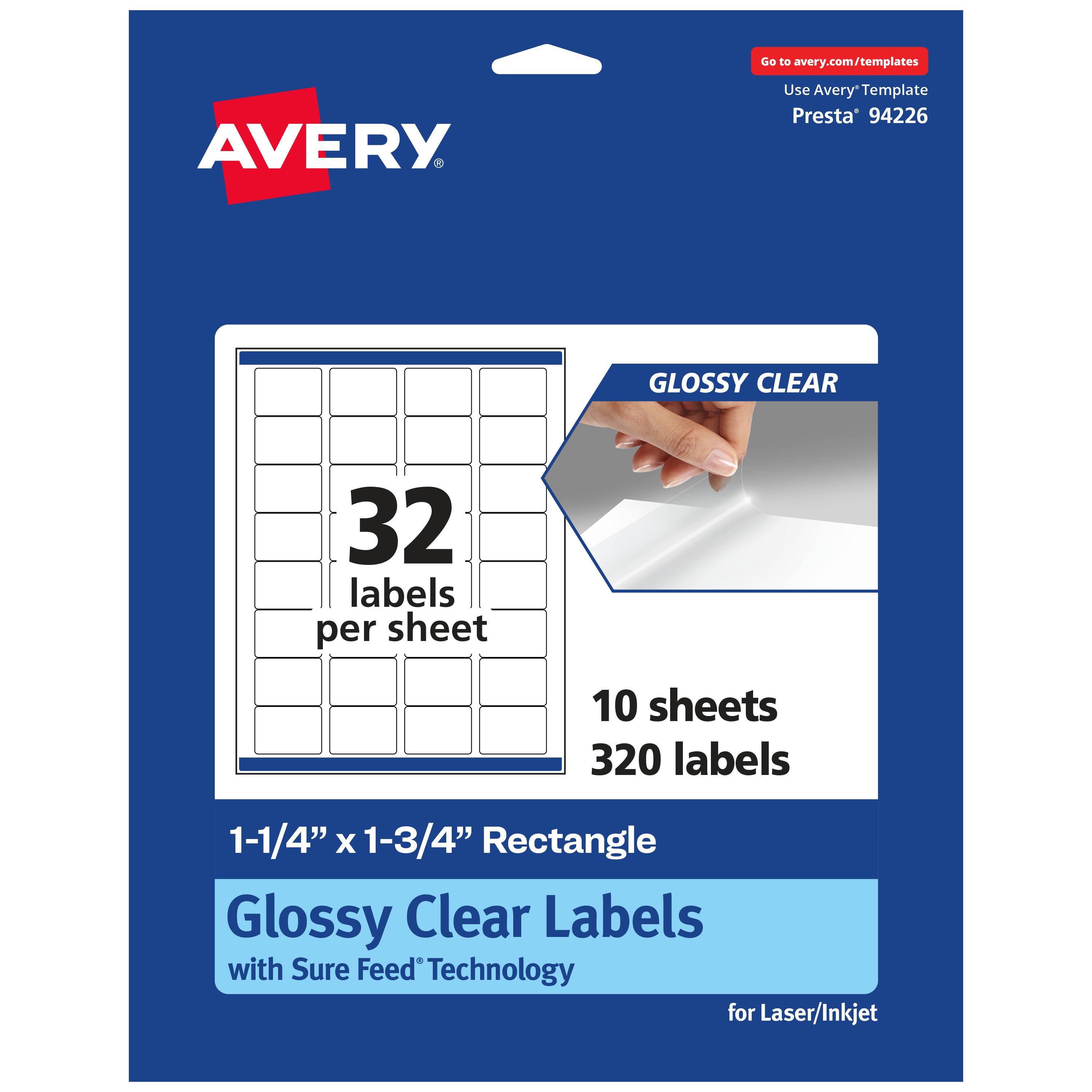 Go to avery.com/templates  
Use Avery Template Presta® 94226  

GLOSSY CLEAR  
32 labels per sheet  
10 sheets  
320 labels  

1-1/4" x 1-3/4" Rectangle  
Glossy Clear Labels with Sure Feed® Technology  
for Laser/Inkjet
