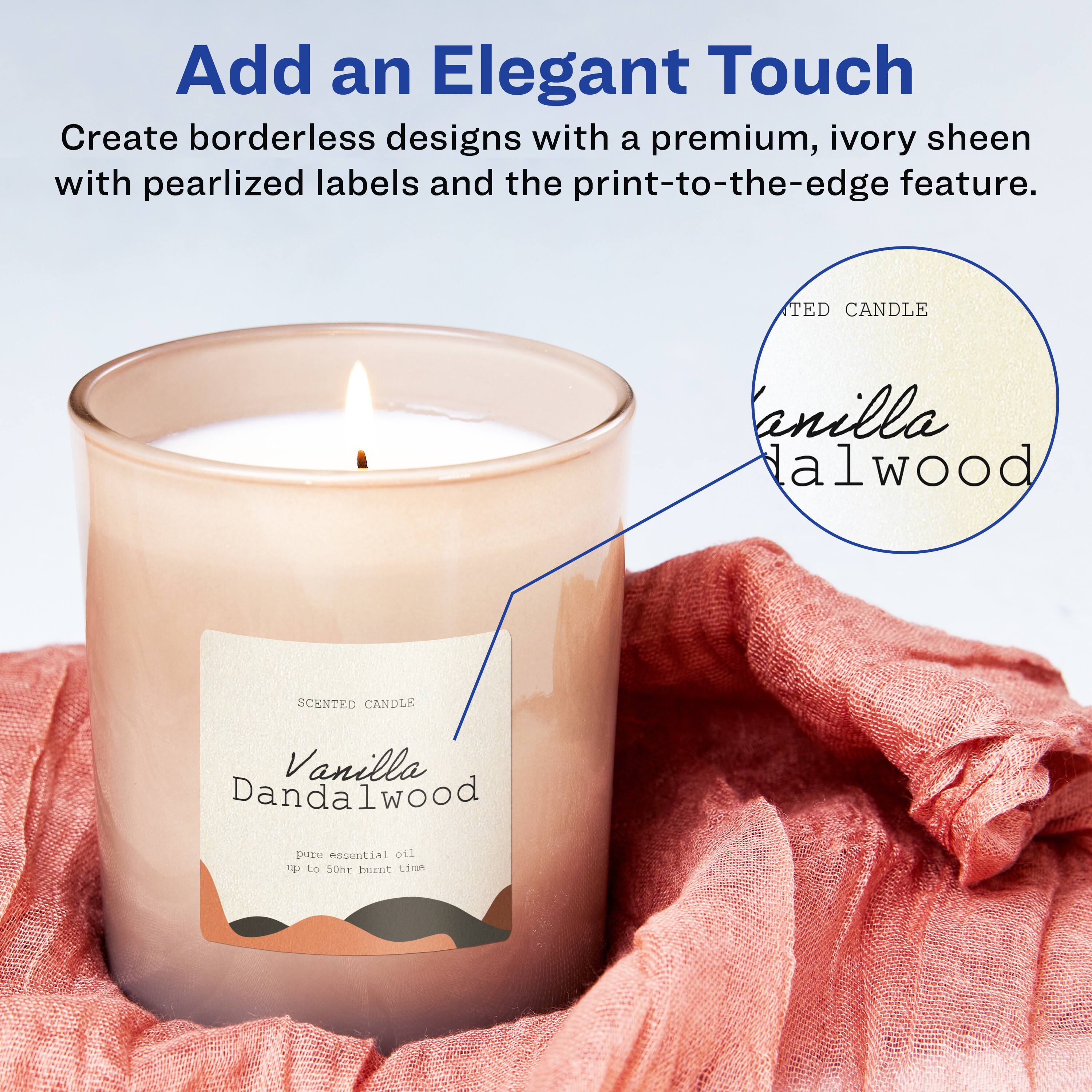 Add an Elegant Touch

Create borderless designs with a premium, ivory sheen with pearlized labels and the print-to-the-edge feature.

TED CANDLE

Vanilla Dandalwood

Scented Candle

pure essential oil

up to 50hr burnt time