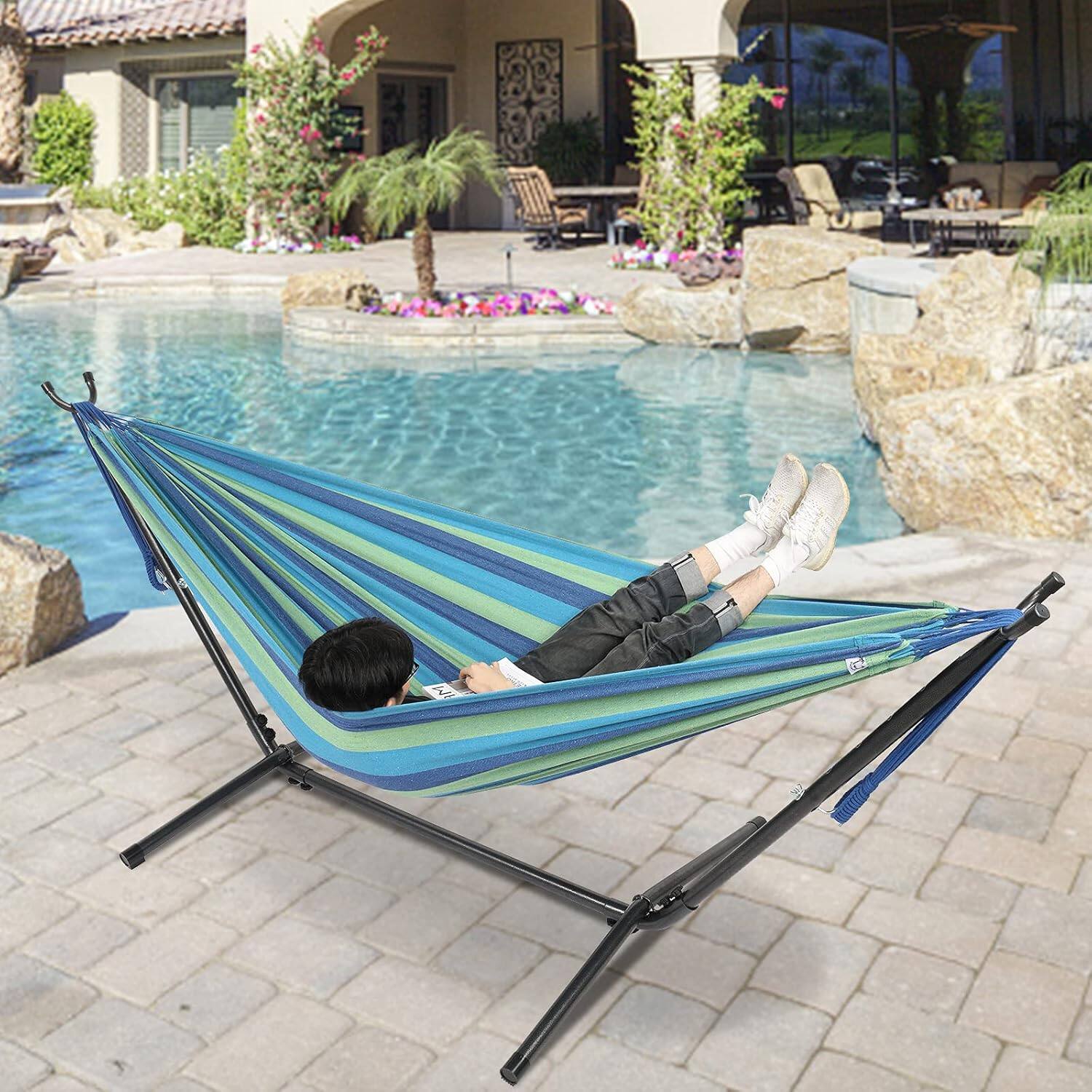 Alt View 3. Winado - 12 FT Double Hammock Extra Long and Wide with Rope, Carrying Bag for Travel Camping, Backyard, Porch, Outdoor, Indoor - Blue & Green Stripe.