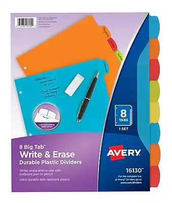 FAT T6TH Kemader Appointment Besk Momy Bendng Phrjacts TD Nets Calerdar 8 TABS 1 SET 8 Big Tab Write & Erase Durable Plastic Dividers Write, erase and re-use with ballpoint pen or pencil Ultra durable tear resistant plastic AVERY 16130 For the complete line of Avery products go to avery.com