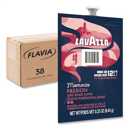 FLAVIA LAVAZZA
38 Freshpacks per case
BREW ON RASSE SUR 12
For Flavia Aroma Brewer
Momento PASSION
LIGHT ROAST COFFEE
CAFÉ DE TORRFACTION LÉGÈRE
PACKAGED IN THE U.S.
TORRÉFIÉ ET EMBALLÉ AUX ÉTATS-UNIS
NET WT/POIDS NET 0.33 OZ (9.45 g)