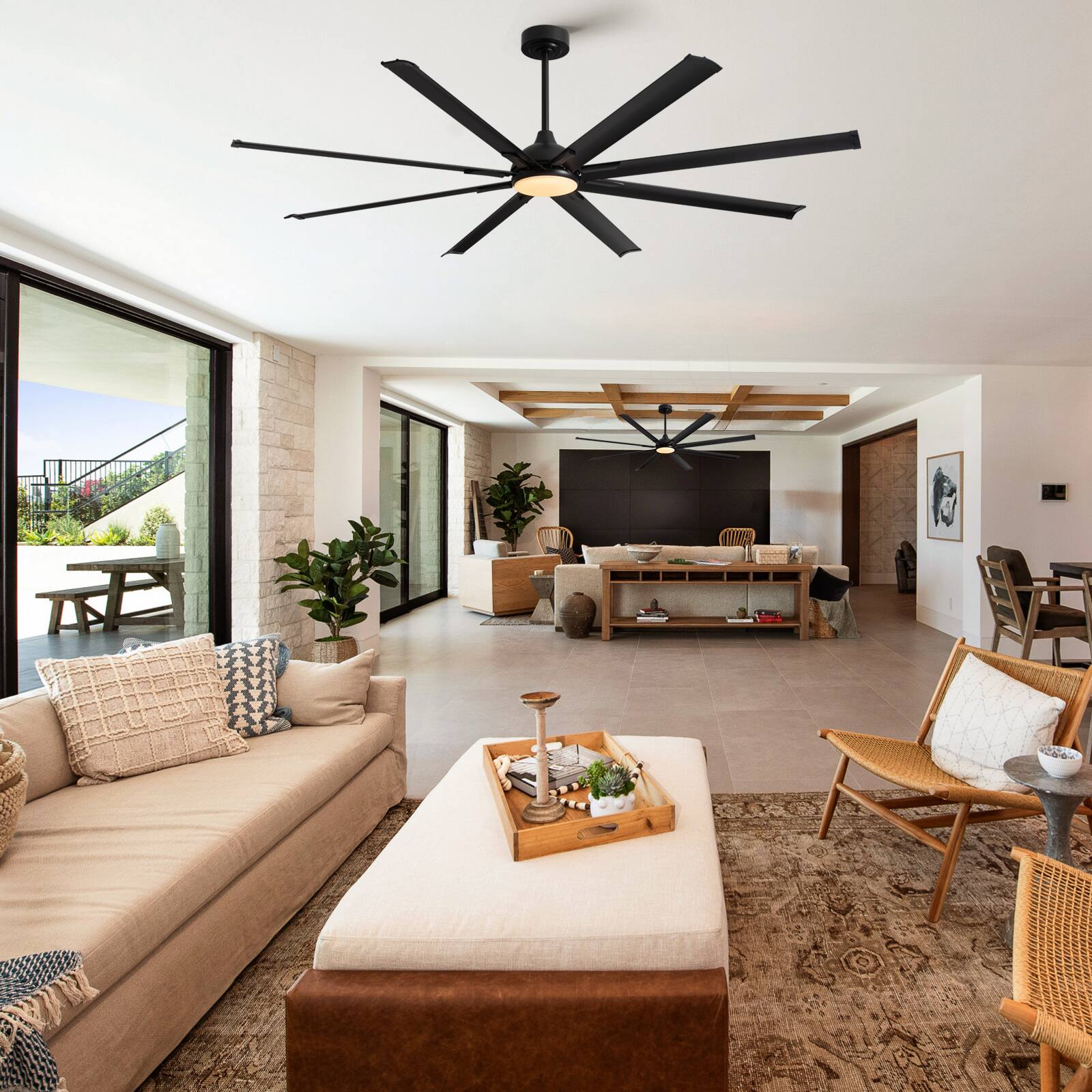 Siljoy - 84 Inch Industrial Ceiling Fan with Integrated LED Light and Remote for Patio Kitchen Garage and Warehouse - Black