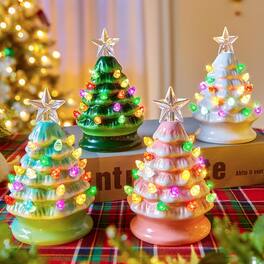 RTMB - 5" Mini Ceramic Christmas Tree Set of 4, Pre-Lit Tabletop Trees with Multicolored LED Lights, Battery Operated - White + Green + Pink + Light Green