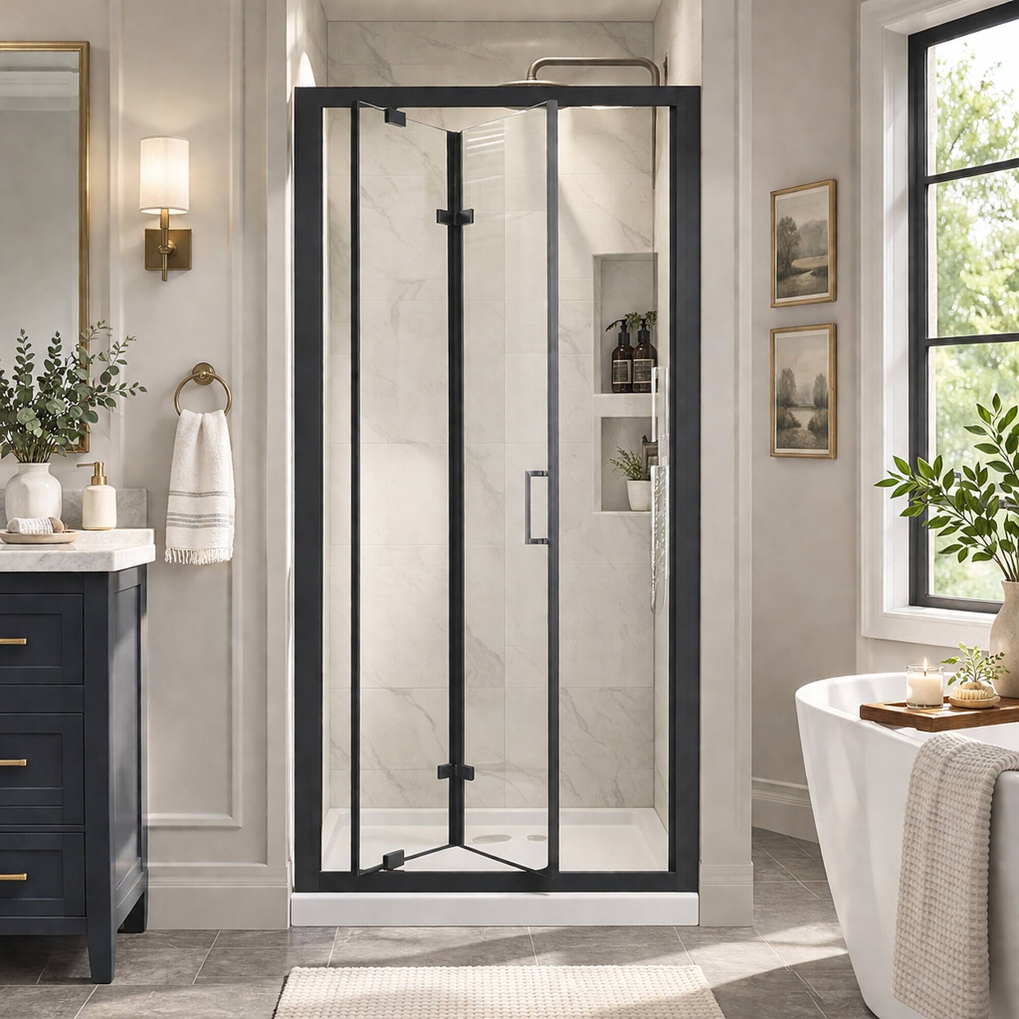 Angle. RYHNUYNE - 32 In X 72 In Framed Bi-Fold Pivot Shower Door, 1/4 In Clear Tempered Glass With Handle Black Finish - Matt Black.