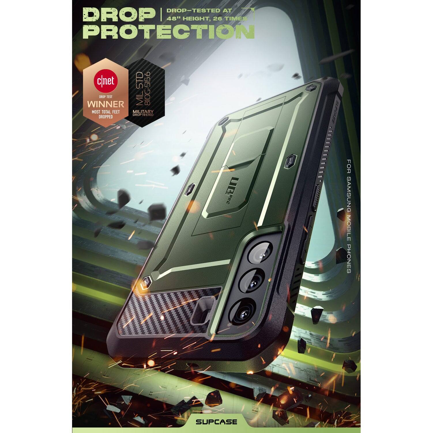 DROP PROTECTION

DROP-TESTED AT 48" HEIGHT, 26 TIMES

cnet WINNER
MOST TOTAL FEET DROPPED
MILITARY DROP TESTED

FOR SAMSUNG MOBILE PHONES

SUPCASE