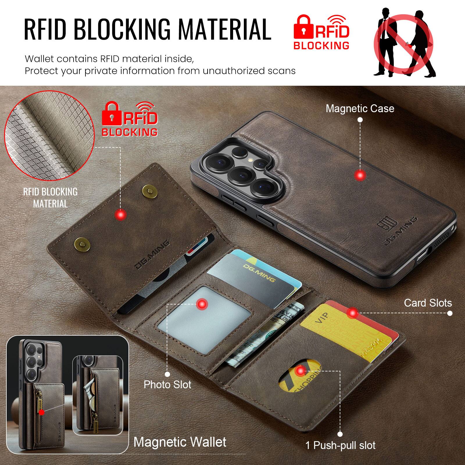 RFID BLOCKING MATERIAL

Wallet contains RFID material inside, Protect your private information from unauthorized scans

RFID BLOCKING

Magnetic Case

Card Slots

Photo Slot

Magnetic Wallet

1 Push-pull slot