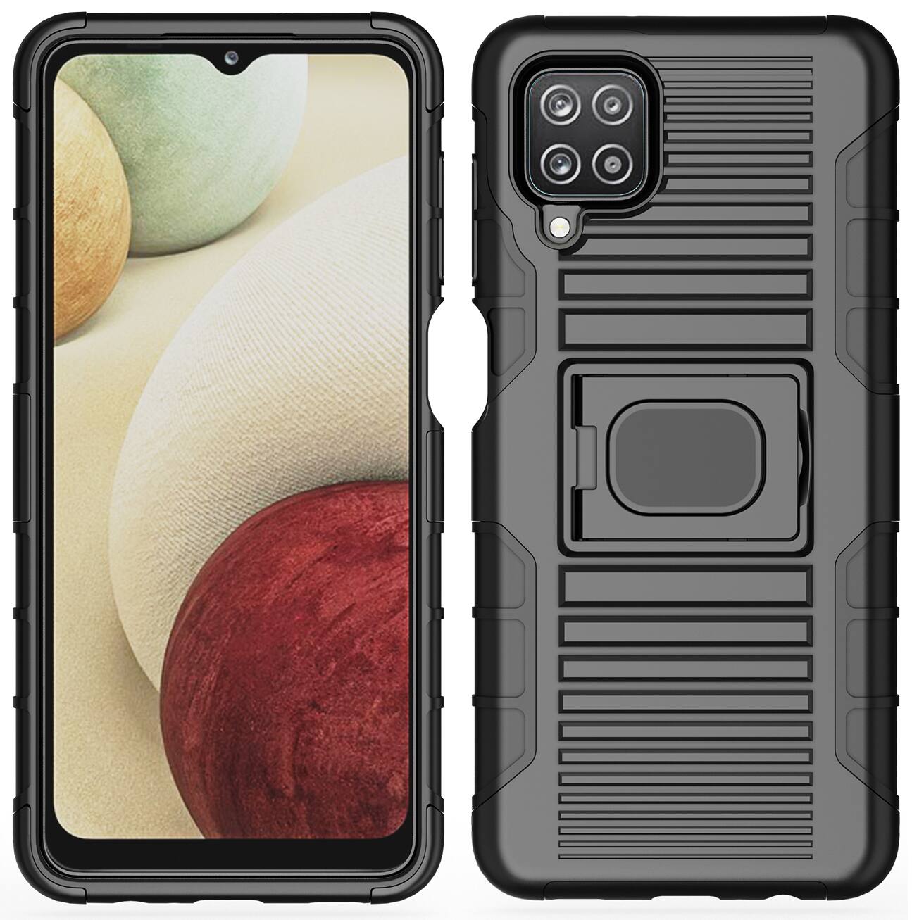 Alt View 2. Nakedcellphone - Case for Samsung Galaxy A12 - Rugged Hybrid Phone Cover with Stand - Screen Protector Included - Black.