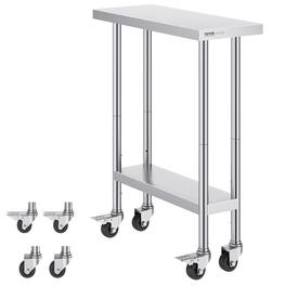 VEVOR - Stainless Steel Work Table 30 x 12 x 38 Inch, with 4 Wheels, 3 Adjustable Height Levels, Heavy Duty Food Prep Worktable - Silver