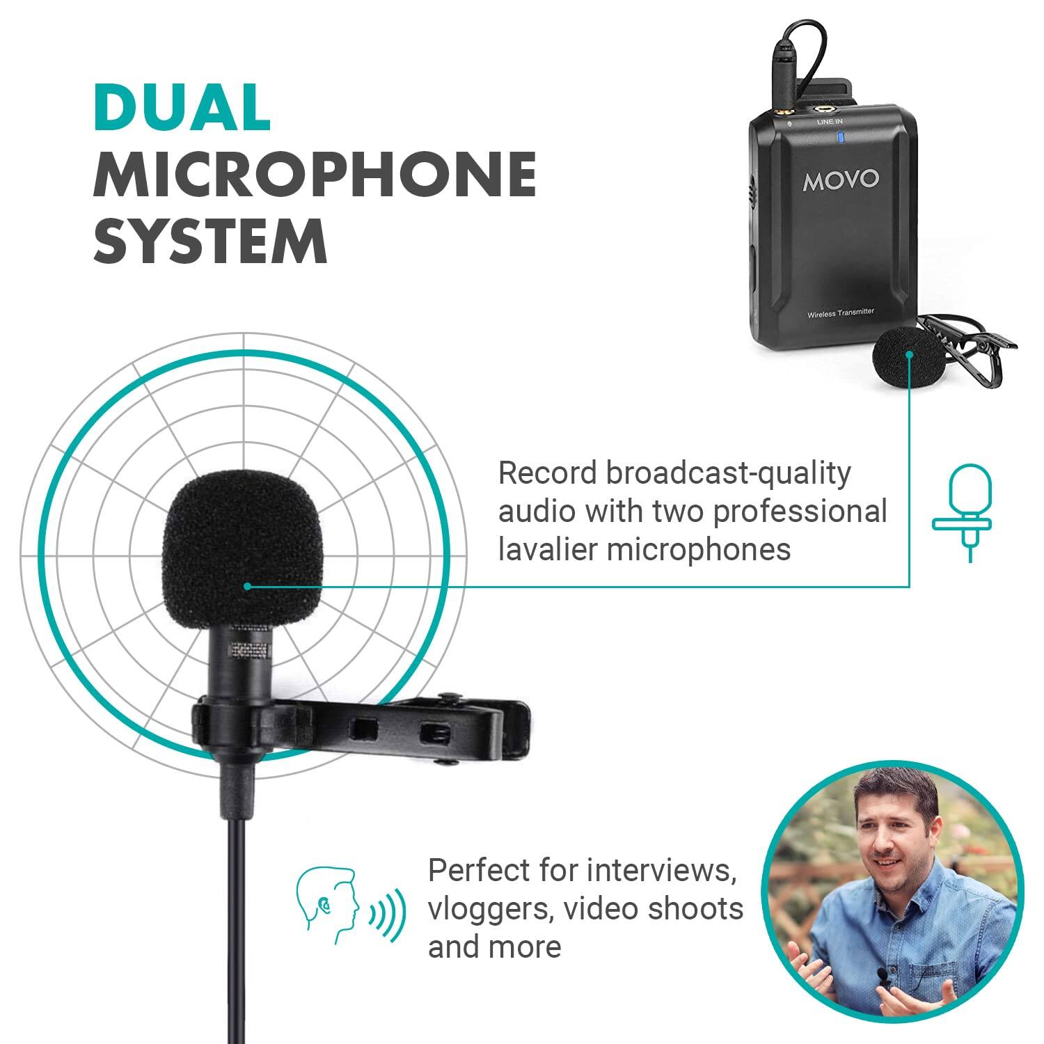 DUAL MICROPHONE SYSTEM

Record broadcast-quality audio with two professional lavalier microphones

Perfect for interviews, vloggers, video shoots and more