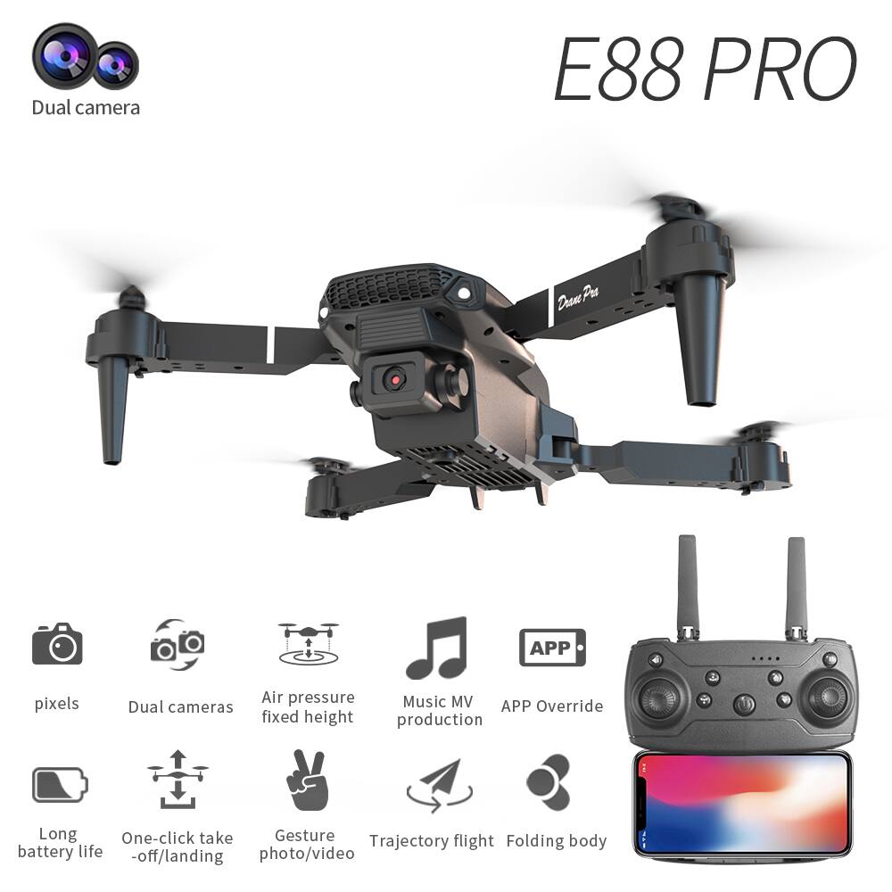 Dual camera E88 PRO Drone

- Pixels
- Dual cameras
- Air pressure fixed height
- Music MV production
- APP Override
- Long battery life
- One-click take-off/landing
- Gesture photo/video
- Trajectory flight
- Folding body