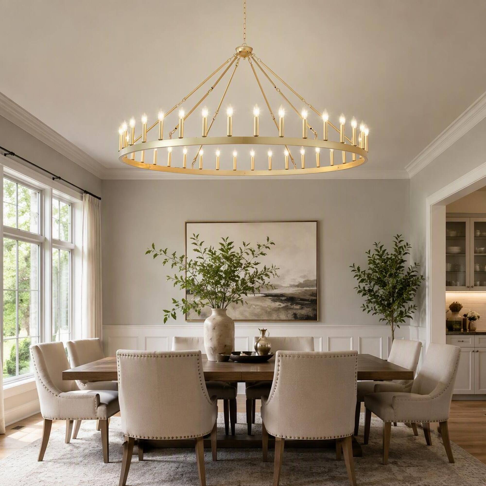 Left. RYHNUYNE - 36-Light Extra Large Gold Wagon Wheel Chandelier for High Ceilings, Rustic Farmhouse Round Pendant Light for Dining Room.
