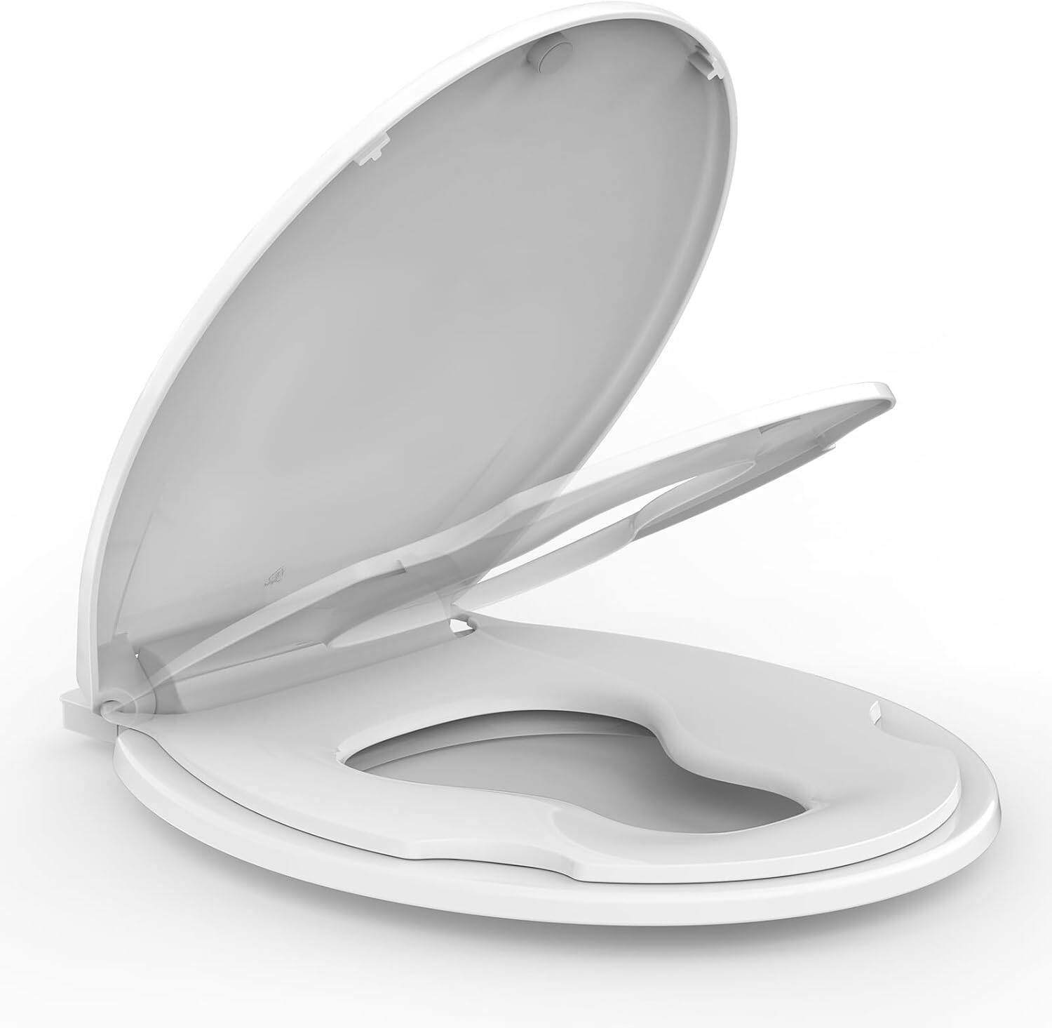 Jojoka - 17inch Round Toilet Seat with Built-in Toddler, Slow Close, Child & Adult, Potty Training, Bottom Fixing - White