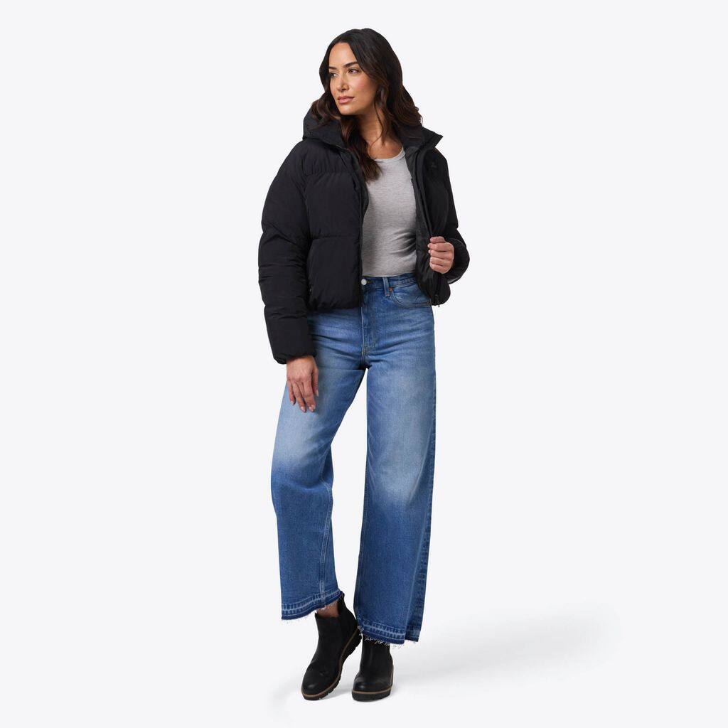 Left. Mobile Warming - App Controlled Women's Cloud IX Crop Puffer Heated Jacket - Black.