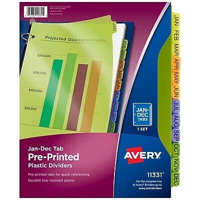 Projected Quarterly Profits  
JAN FEB MAR APR MAY JUN  
$200,000 $150,000 $100,000 $50,000  

Jan-Dec Tab Pre-Printed Plastic Dividers  
Pre-printed tabs for quick referencing  
Durable tear-resistant plastic  

JAN FEB MAR APR MAY JUN JUL AUG SEP OCT NOV DEC  
1 SET  

AVERY  
11331  
Find the complete line at avery.com/dividers