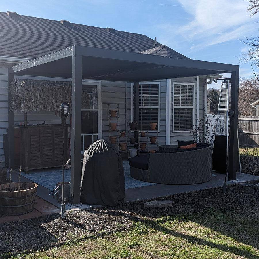 Angle. PURPLE LEAF - Louvered Pergola Outdoor Gray Aluminum Pergola with Adjustable Roof for Deck Backyard Garden Hardtop Gazebo - 12' X 12'.