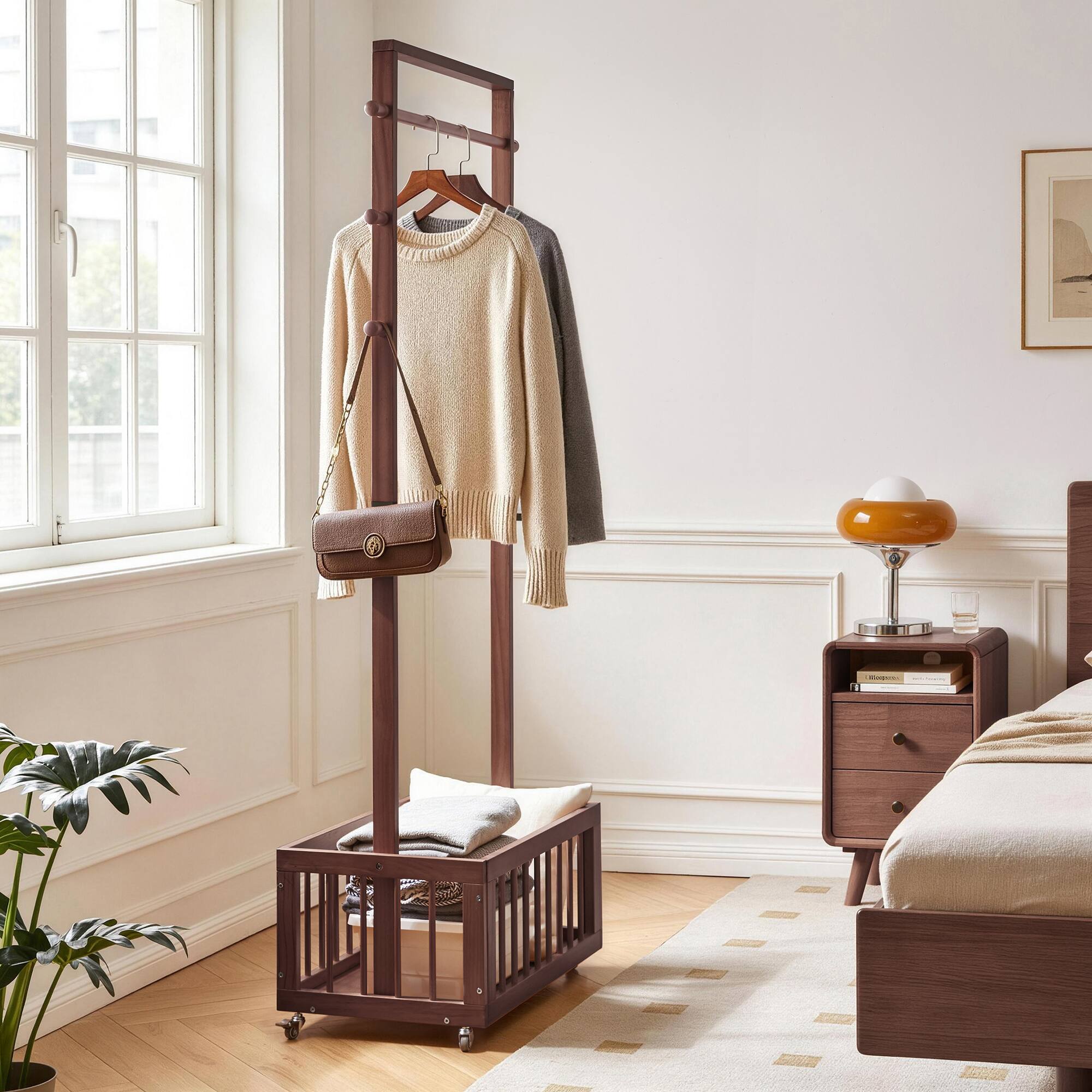 MERAVOM Solid Wood Freestanding Coat Rack with Rolling Wheels & Storage ...