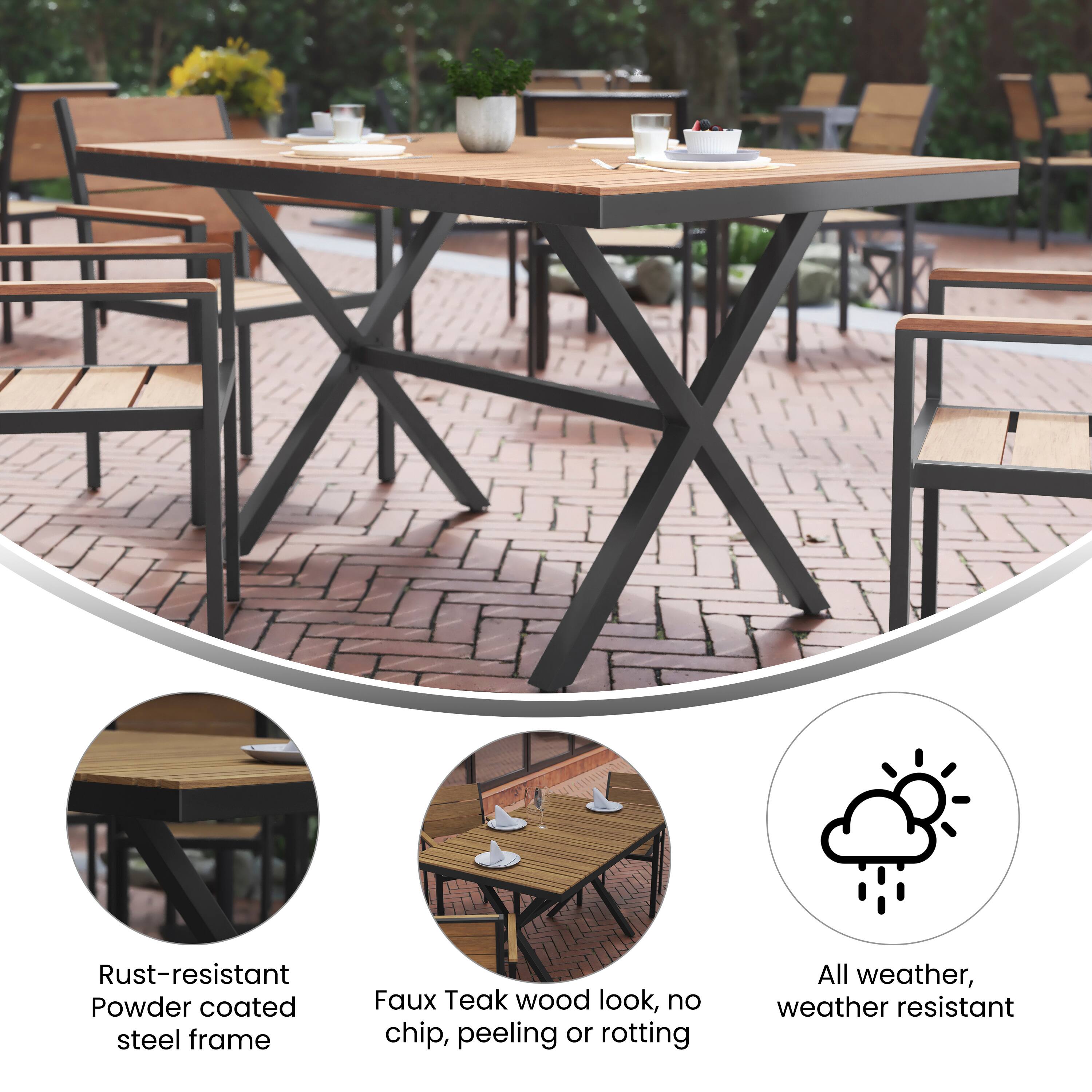 - Rust-resistant Powder coated steel frame
- Faux Teak wood look, no chip, peeling or rotting
- All weather, weather resistant