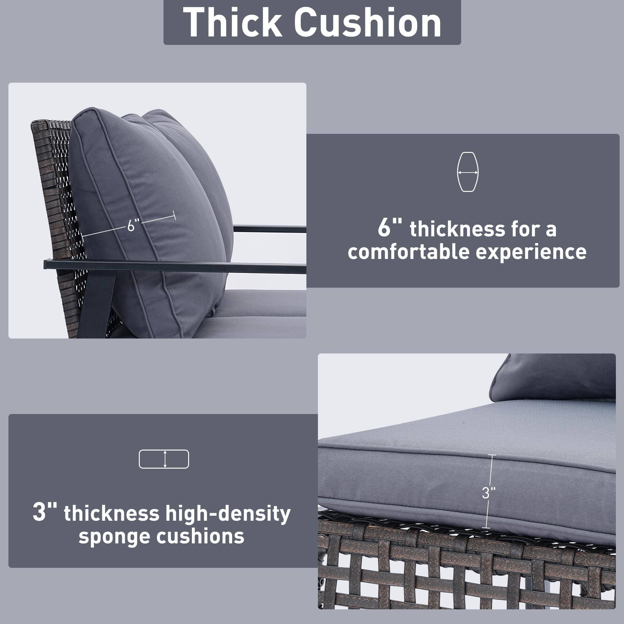 Thick Cushion: 6" thickness for a comfortable experience. 3" thickness high-density sponge cushions.