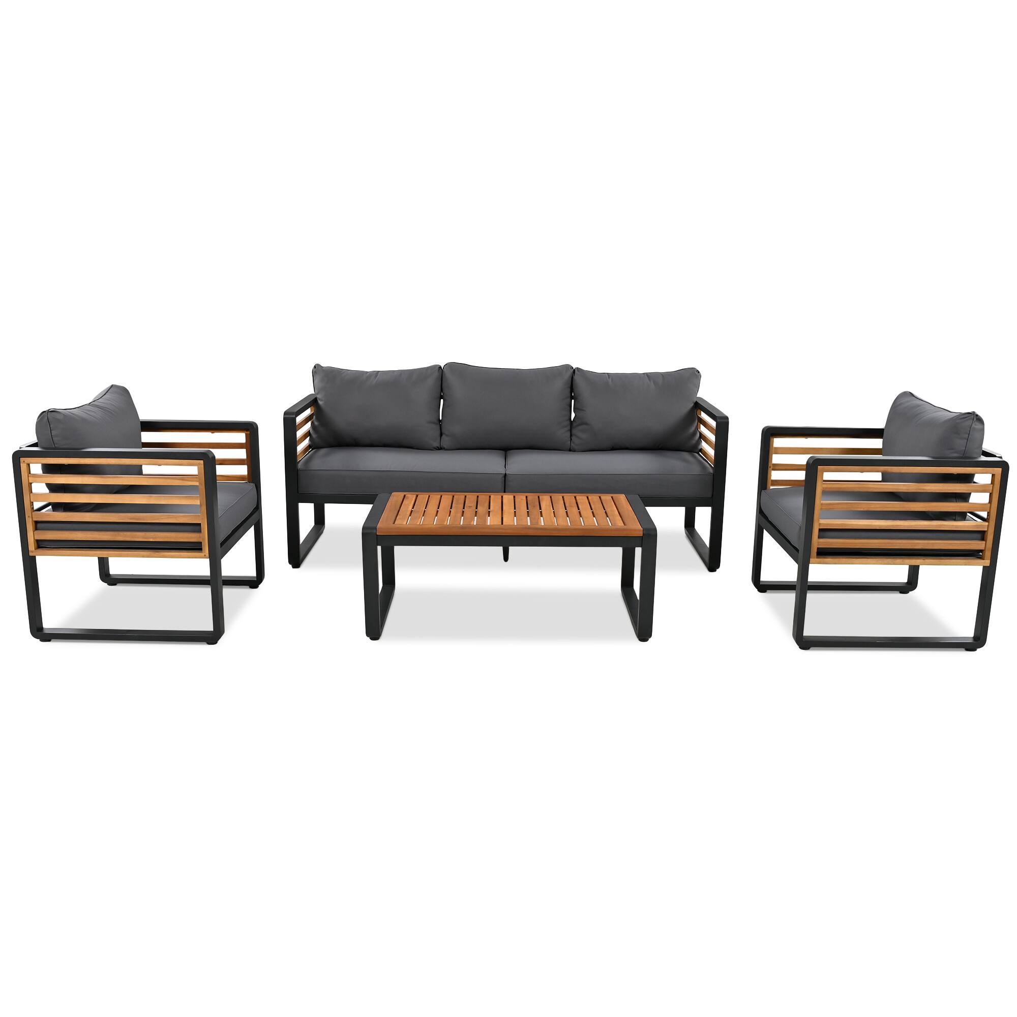 Back. Whisen - 4-Piece Acacia Wood & Metal Patio Conversation Sofa Set for 5, with 4-Inch Thick Removable Cushions - Gray.