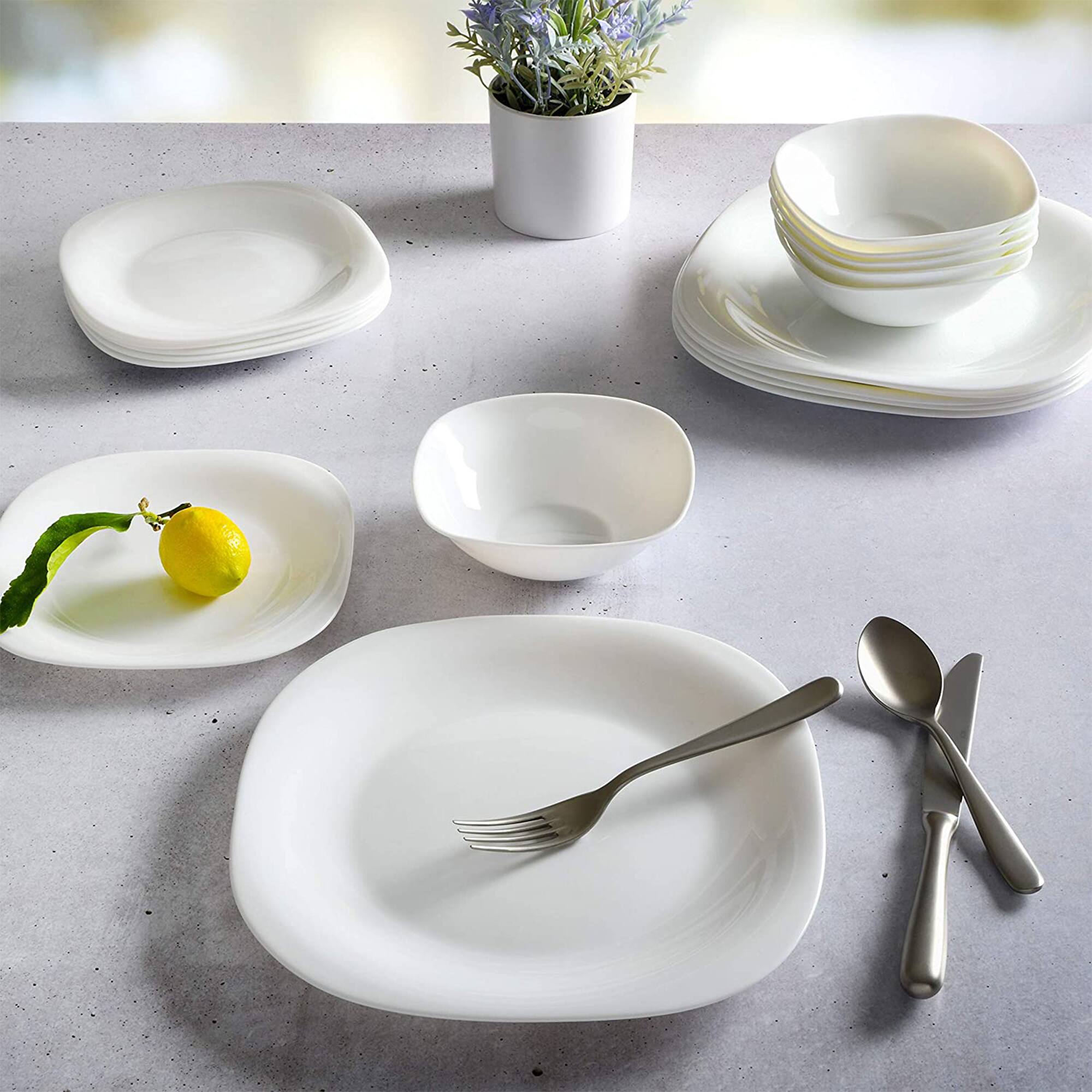 Alt View 3. Gibson - Gibson Home Break and Chip Resistant Square Dinnerware Set, Service for 6, Opal - Opal Glass - Square.