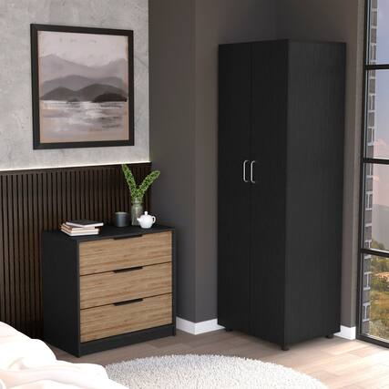 Front. TinyHomie - 2 Piece Bedroom Set London Armoire + Egeo 3 Drawers Dresser Black / Pine - Black.