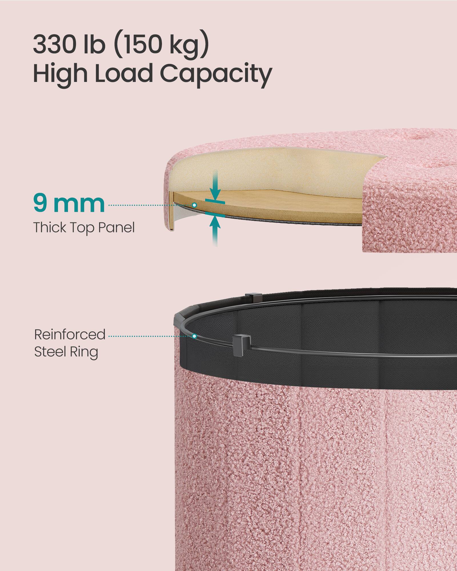 330 lb (150 kg) High Load Capacity

9 mm Thick Top Panel

Reinforced Steel Ring